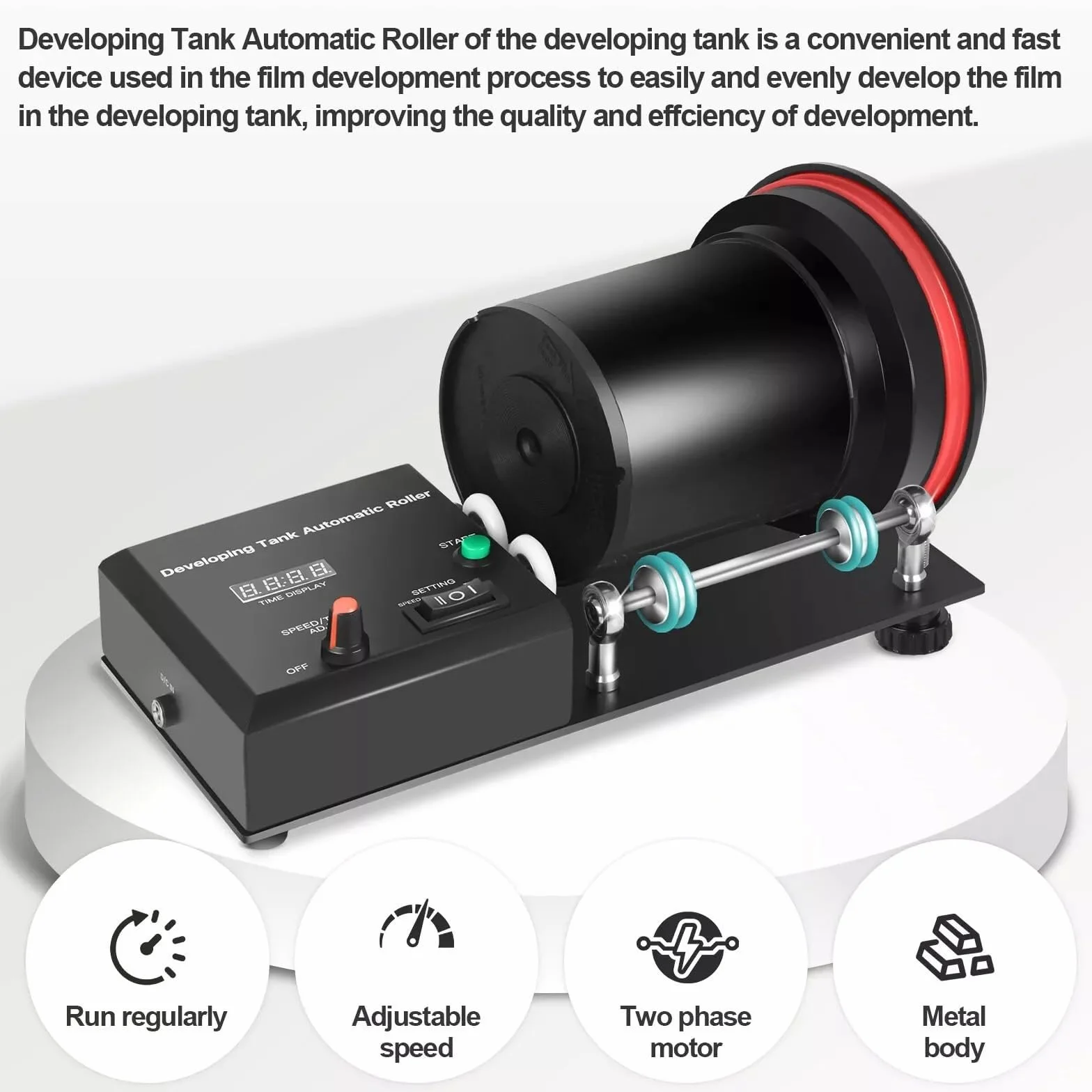 Développeuse automatique films, machine développement films chambre noire, vitesse réglable 20 à 280 tr/min, minuterie de 1 à 30 minutes, avec tige d'extension, 4 programmes prédéfinis
