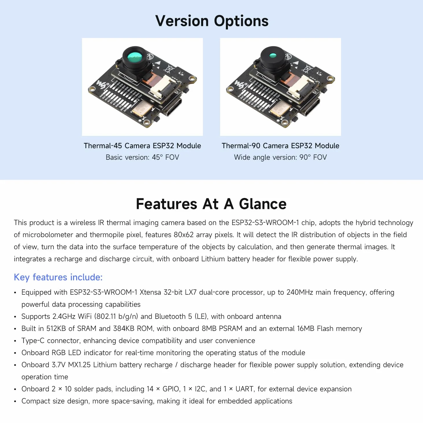 Waveshare ESP32-S3 Infrared Wireless IR Thermal Imaging Camera Module, Type-C Port, 80x62 Array Pixels Basic Version 45 ° Field of View Angle