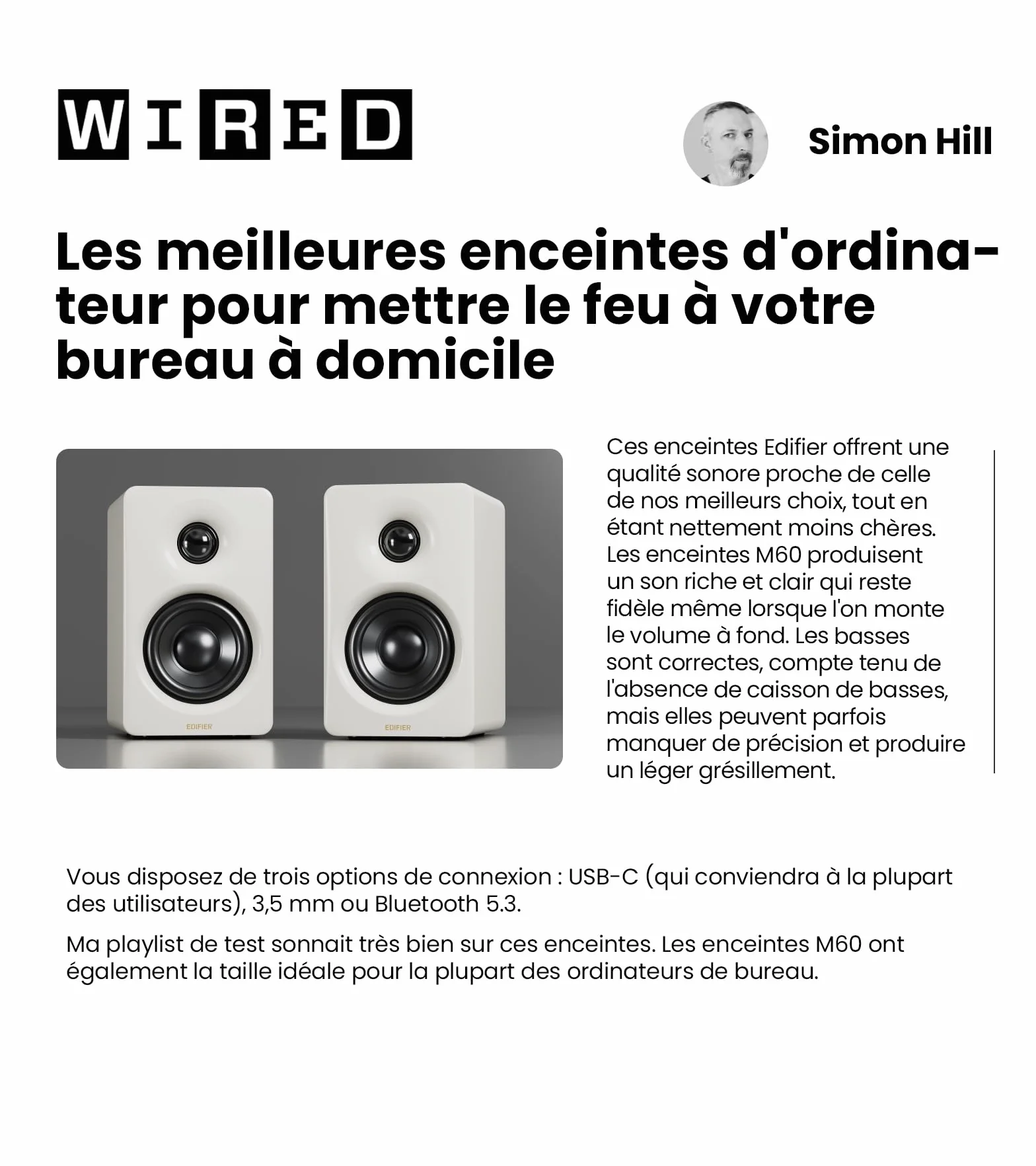 Edifier M60 2.0 Haut-parleurs Bibliotheques Bluetooth 5.3 66W RMS Audio Hi-Res LDAC Basses 3" Tweeter 1" USB-C AUX Blanc