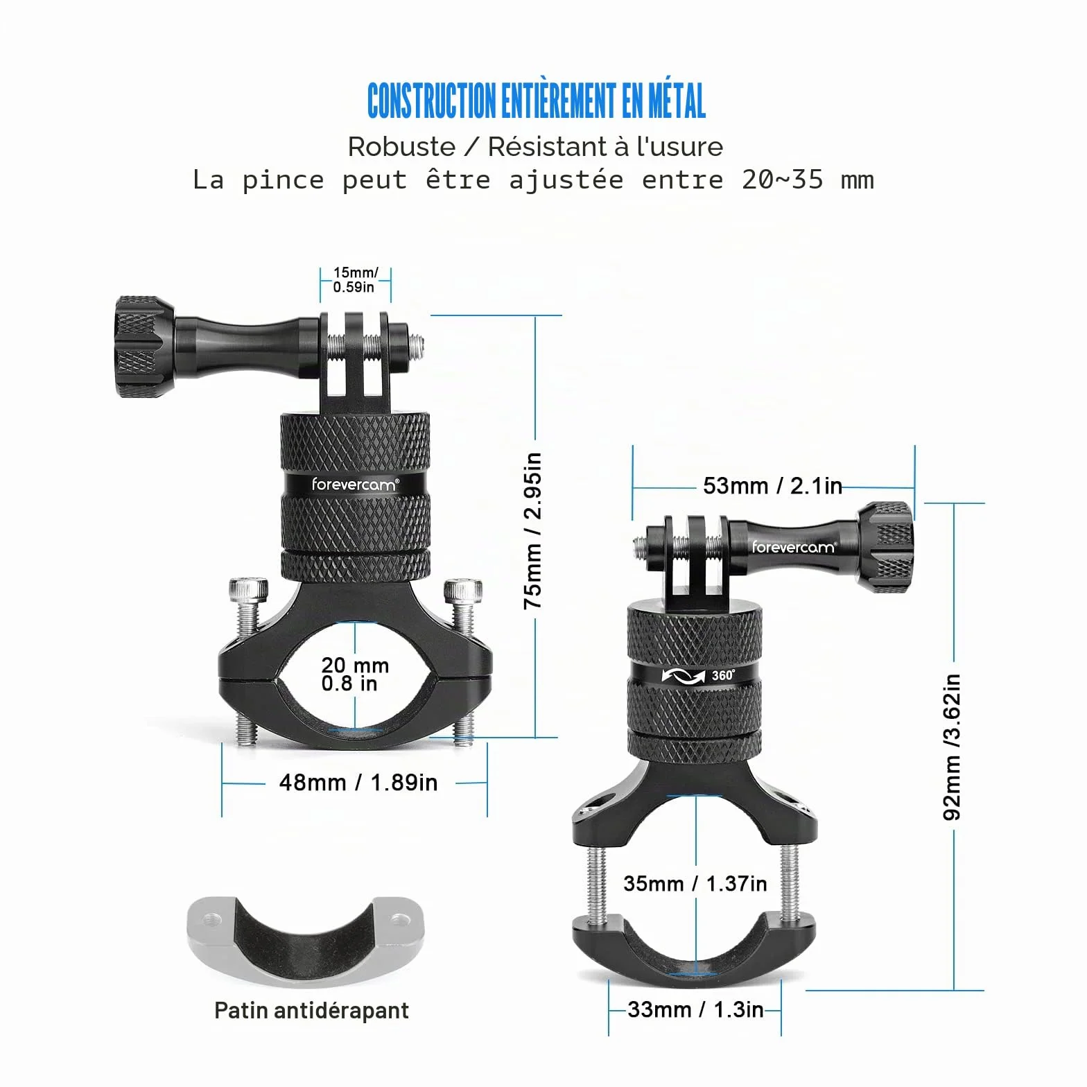 Forevercam-Support de caméra d’action en alliage d’aluminium pour guidon de vélo, rotation à 360 degrés, compatible avec diverses caméras