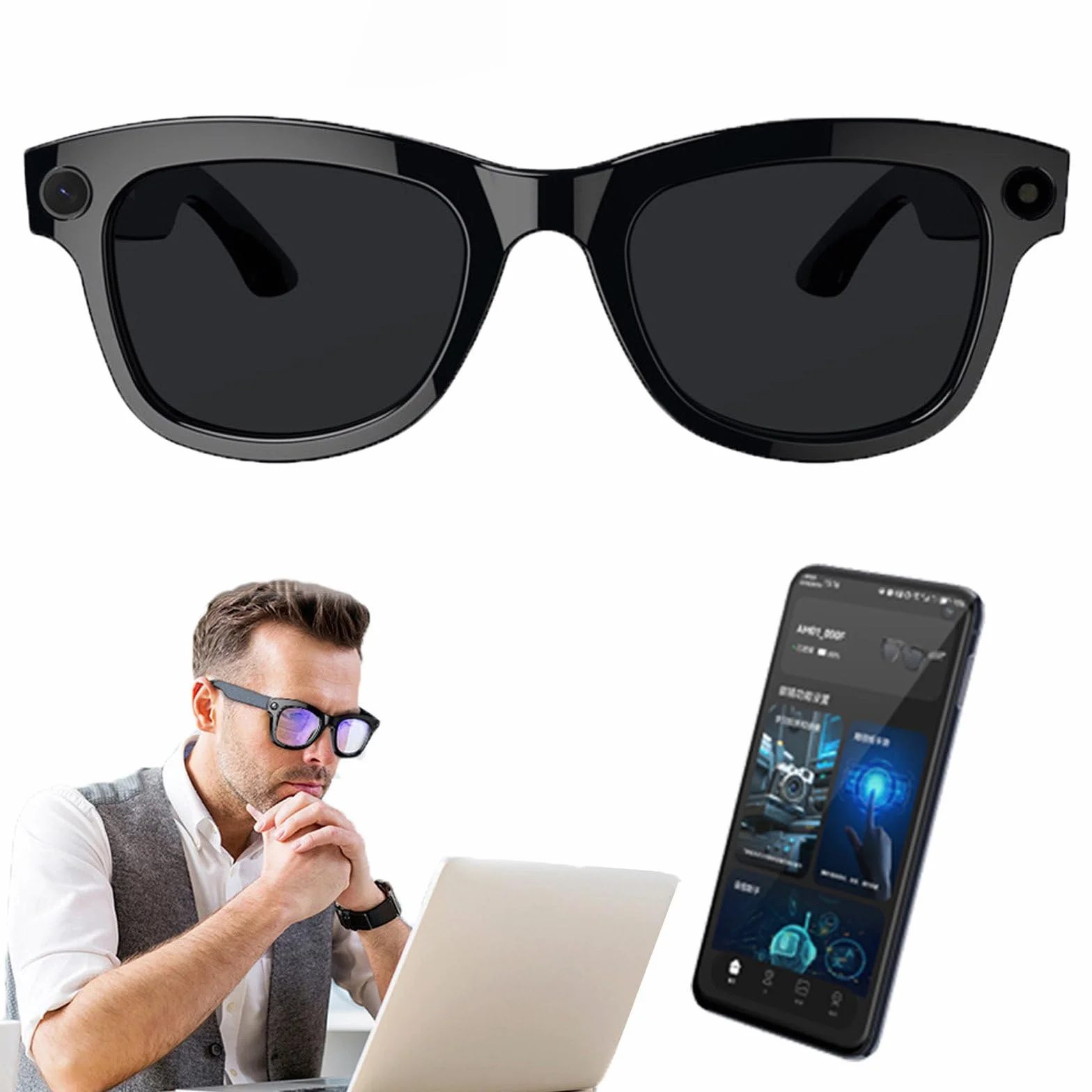 Lunettes intelligentes IA, avec caméra 500 W, ChatGPT intégré, commande vocale, Wi-Fi 4.0 + Bluetooth 5.3, lunettes de soleil avec traducteur Bluetooth intelligent, pour la musique et les appels,A