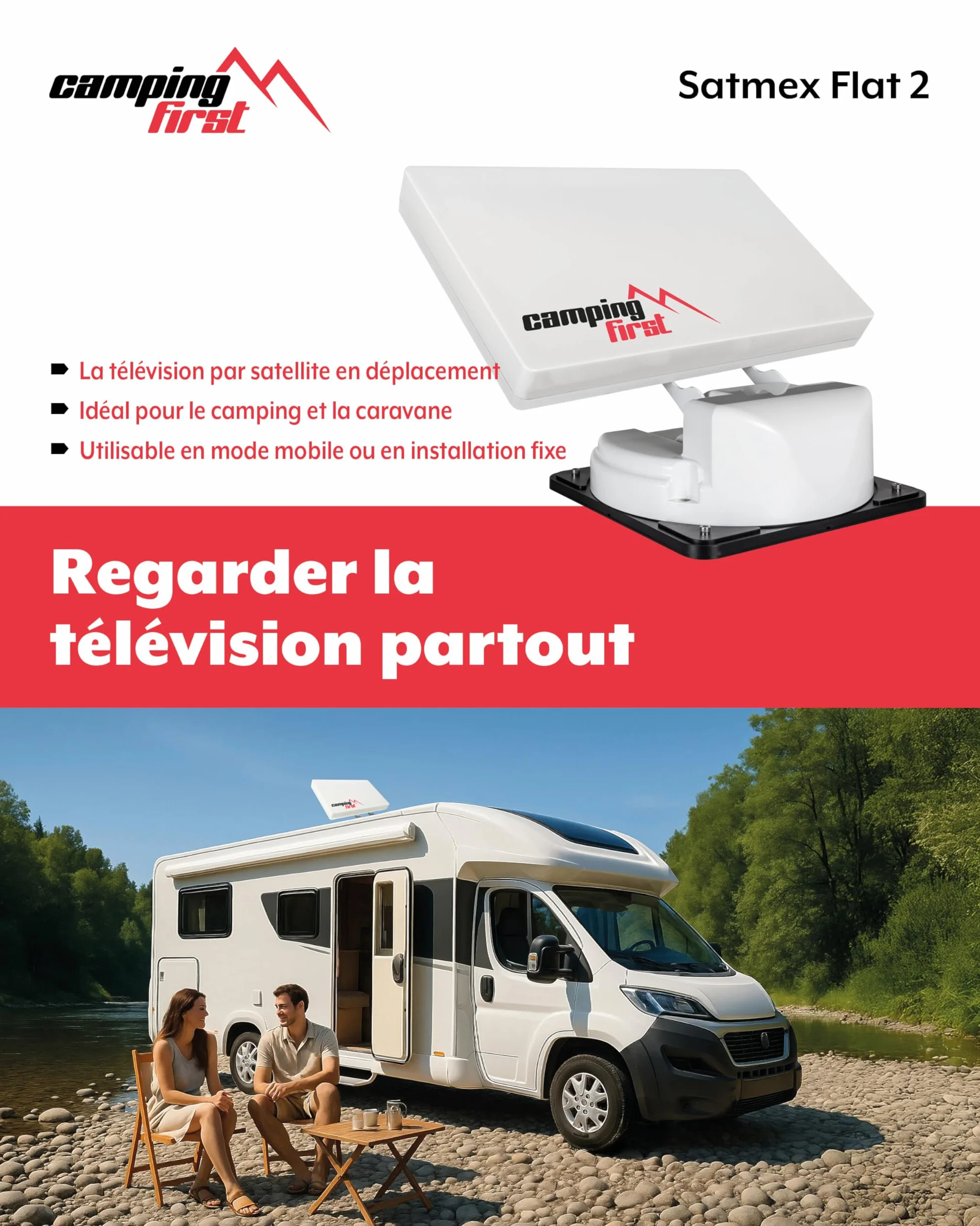 Antenne Satellite de Camping Automatique Flat 2 Blanc pour Caravane et Camping-Car