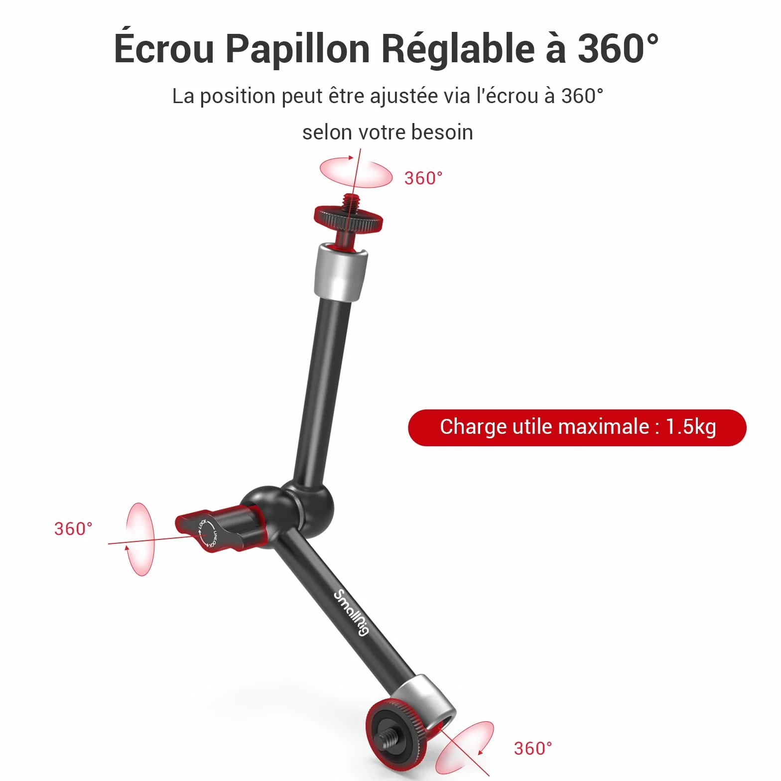 SMALLRIG Super Clamp et Bras Magique Articulé à Friction Réglable de 10 Pouces avec Vis 1/4" pour Moniteur LCD/Lumières LED - 2732B