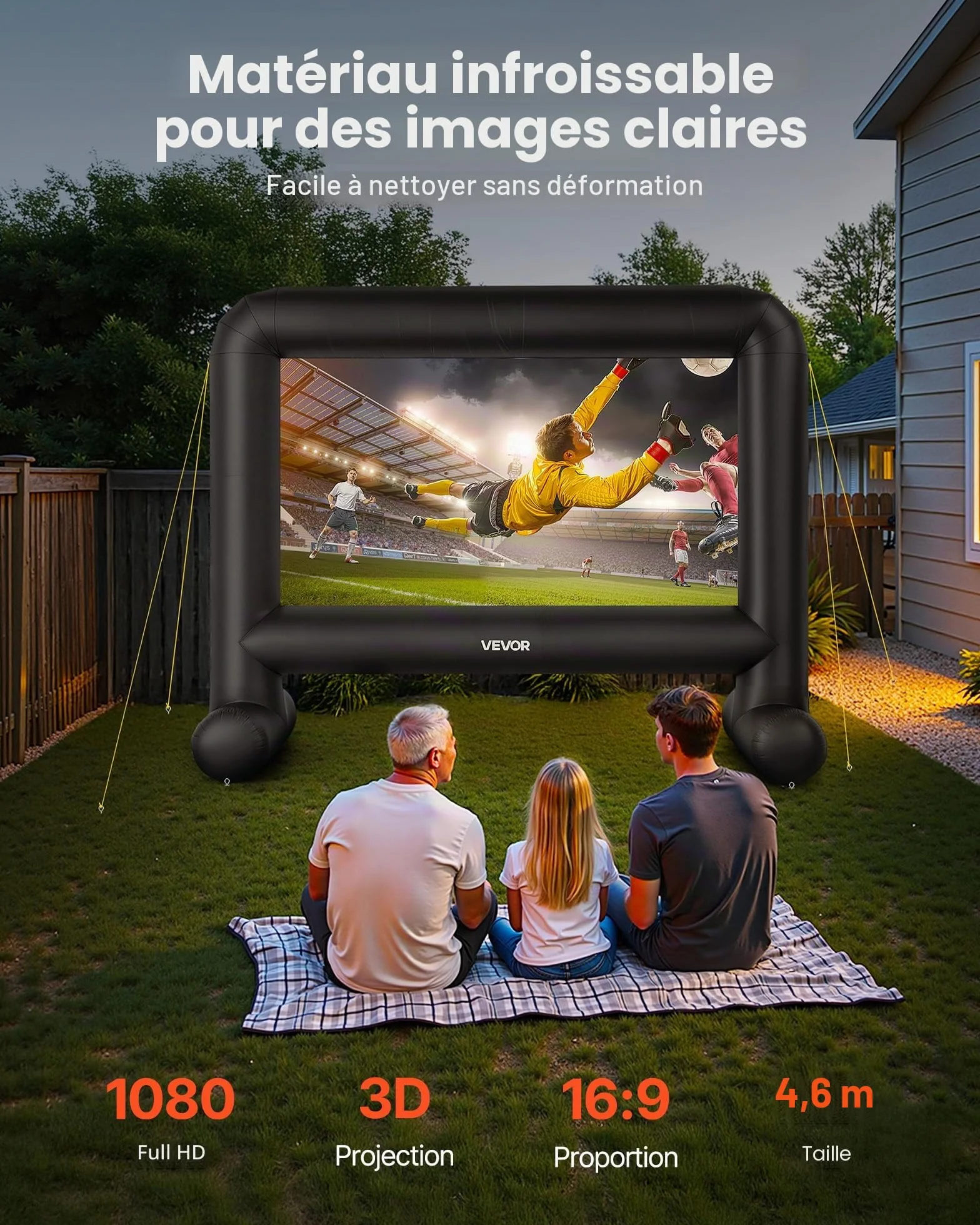VEVOR Écran de Projection Gonflable 457 cm 16:9 600D Lavable Sac de Rangement Portable