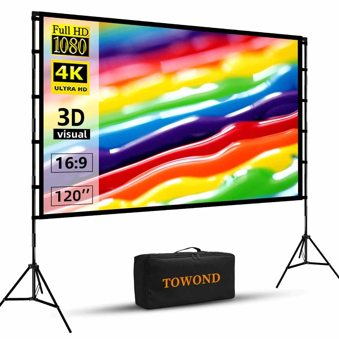 Towond Écran de Projection 120 Pouces Portatif 16:9 HD avec Support et Sac de Transport