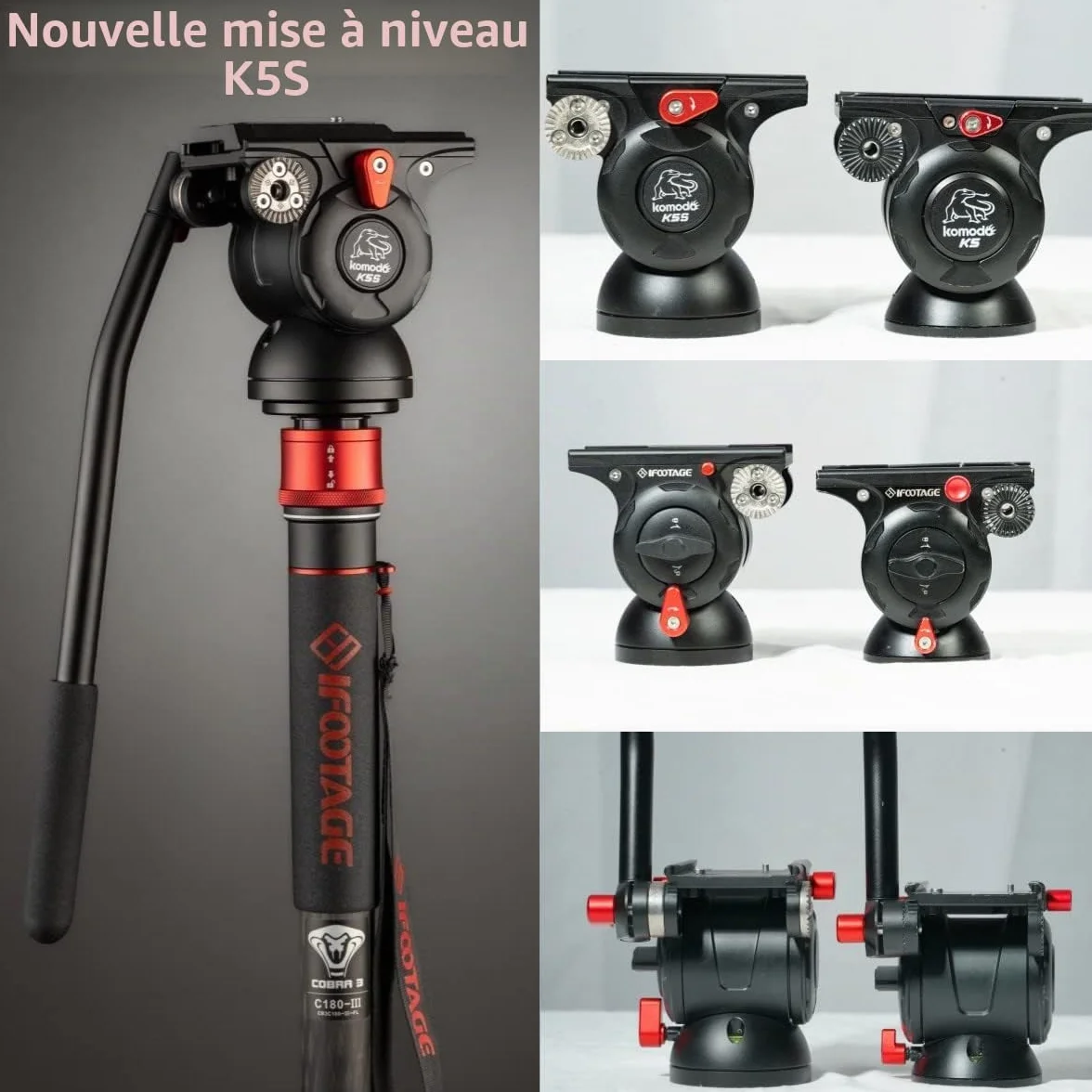 IFOOTAGE Cobra 3 C180F-P+K5S Monopode d'Appareil Photo, Monopode Vidéo, Tête Fluide Vidéo, Tête Panoramique Fluide en Aluminium pour Appareils Photo Reflex et Caméscopes