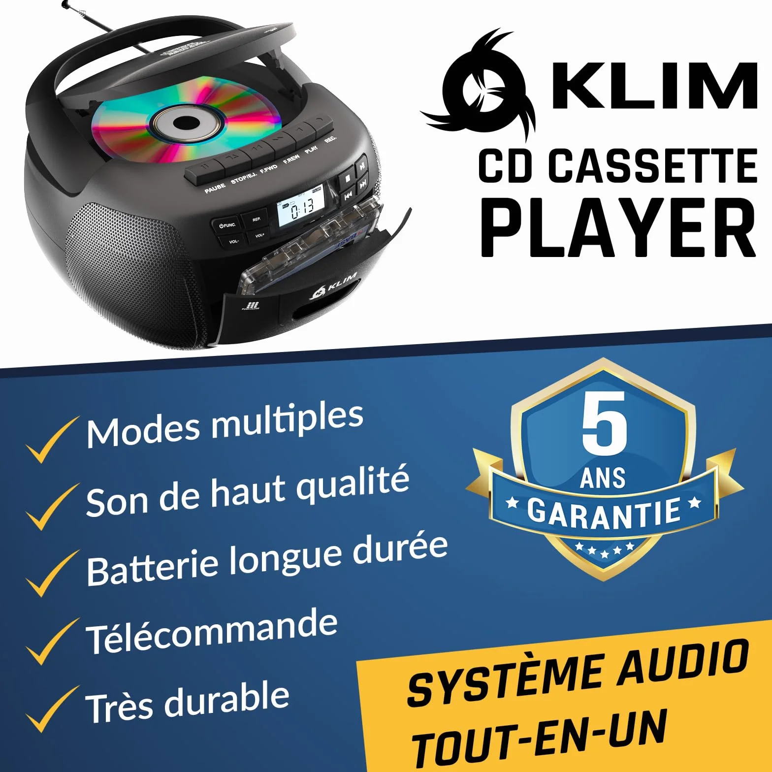 KLIM Lecteur CD Bluetooth Cassette Radio AM/FM Stéréo avec Télécommande Enregistrement USB AUX