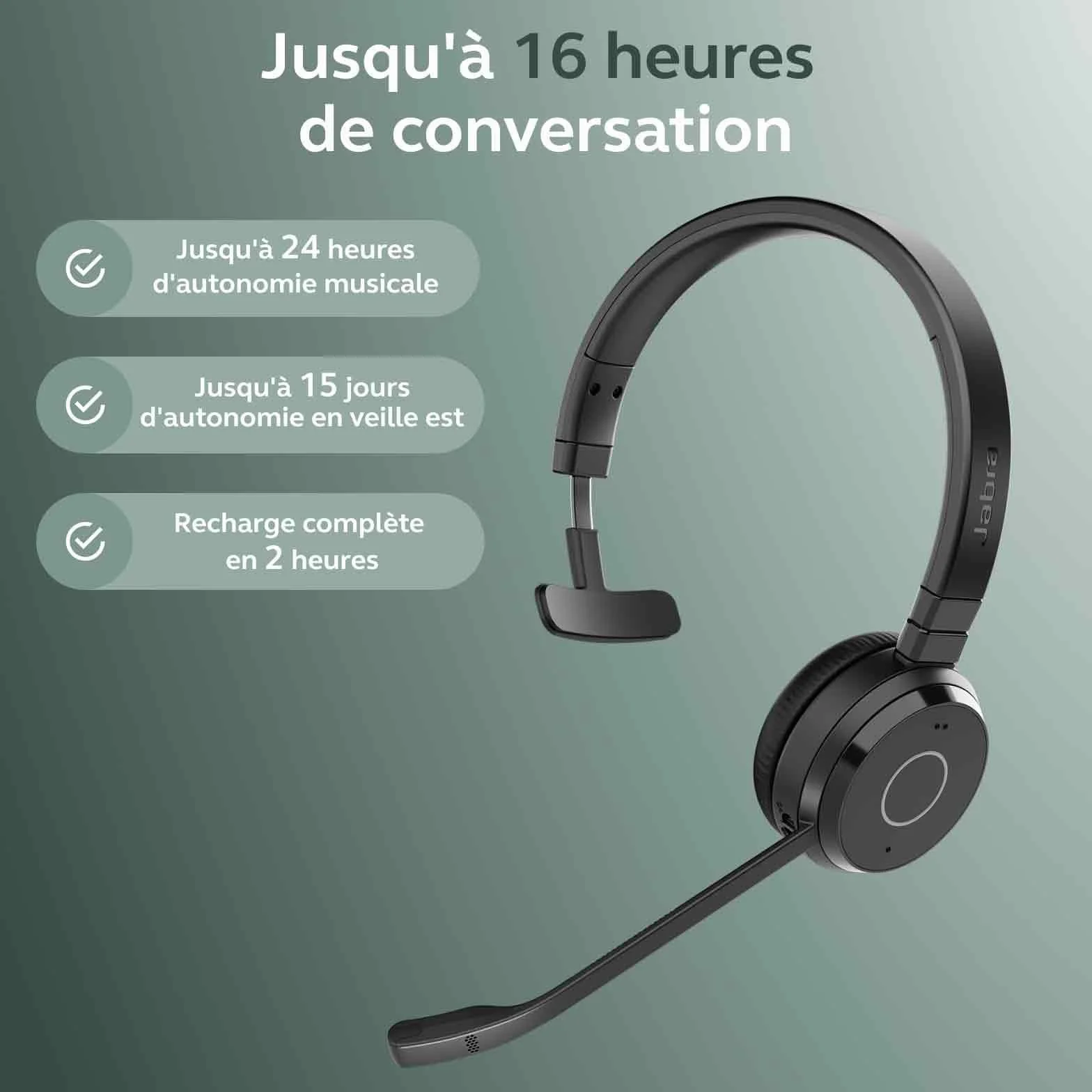 Jabra Evolve 65 Te (3e édition 2025) Micro-Casque Mono Bluetooth sans Fil, se connecte à 2 appareils, 16 h d’autonomie, Micro antibruit, Adaptateur USB-A, Fonctionne avec Les applis de réunion, Noir