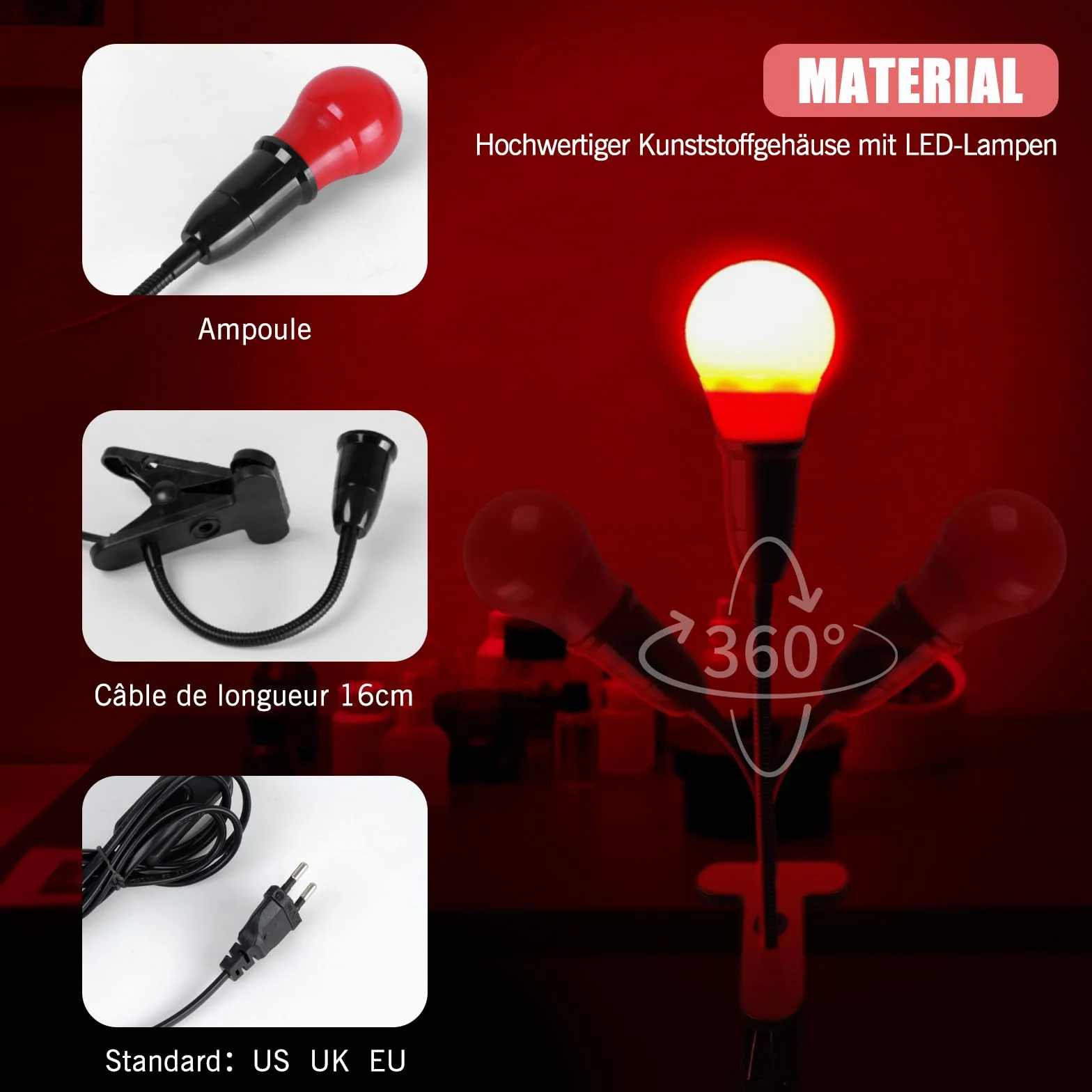 eTone Dunkelkammer SafeLight, Rote LED-Schreibtischlampe mit Clip, 360 Grad einstellbar, geeignet für Die Verarbeitung Von S/W-Film und S/W-Druckpapier (1W)