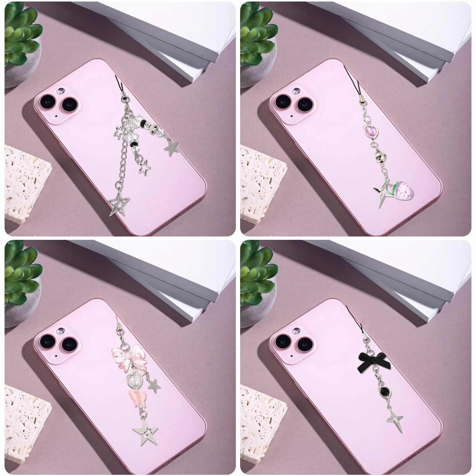 4 jolies breloques pour téléphone portable, ensemble de bijoux de telephone, fraise rose, papillon, étoile breloque pour téléphone portable, porte-clés, décoration d'appareil photo