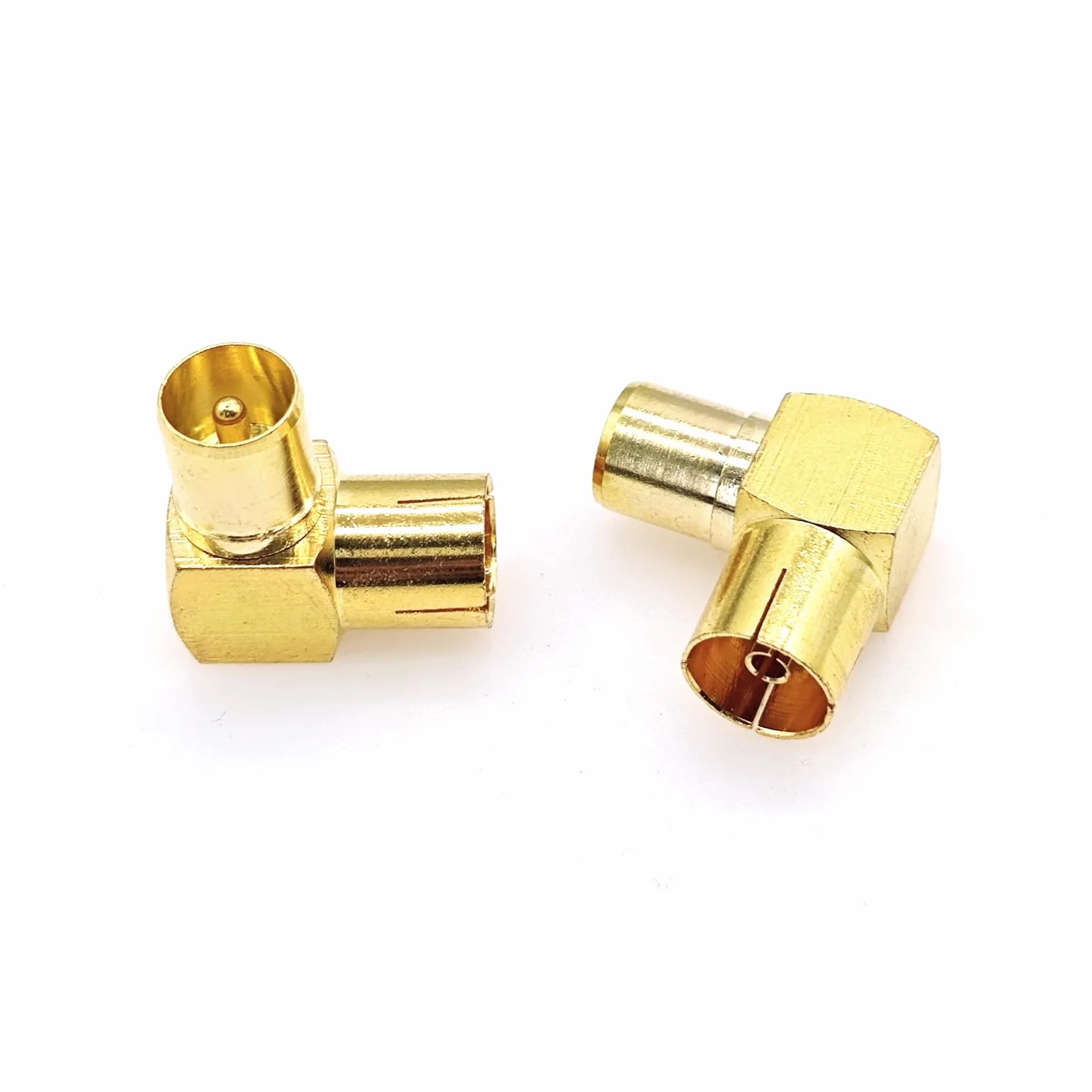 JZK 2X Adaptateur coaxial PAL mâle vers Femelle, plaqué Or, coudé à 90°, Compatible avec antennes, câbles Satellites, câbles TV, DVB-T et DVB-T2 HD