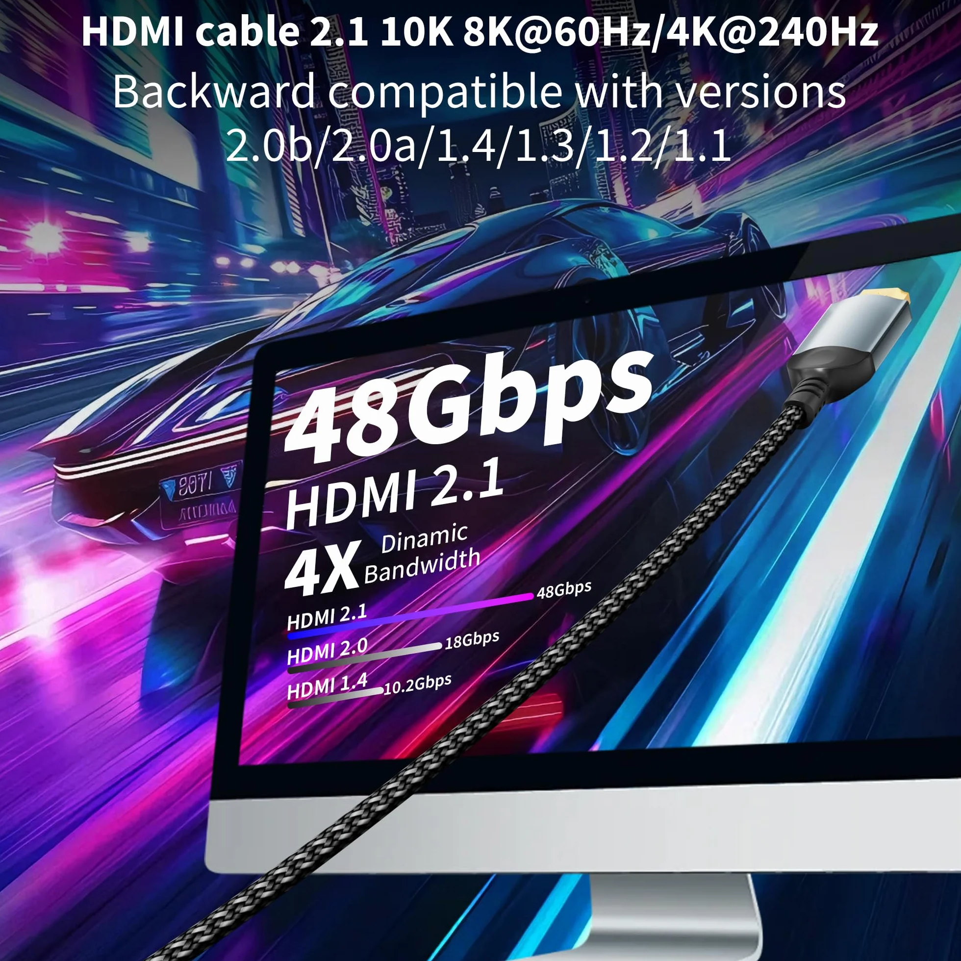 Câble HDMI 2,5m 10K 8K,câble HDMI ultra haute vitesse 10K 8K@60 Hz 4K@240 Hz,compatible HDMI 2.1,HDR10+,eARC,3D,HDCP 2.2 et 2.3,VRR,DTS:X,compatible avec PS5/4,Xbox,TV HD,PC,moniteur,projecteur