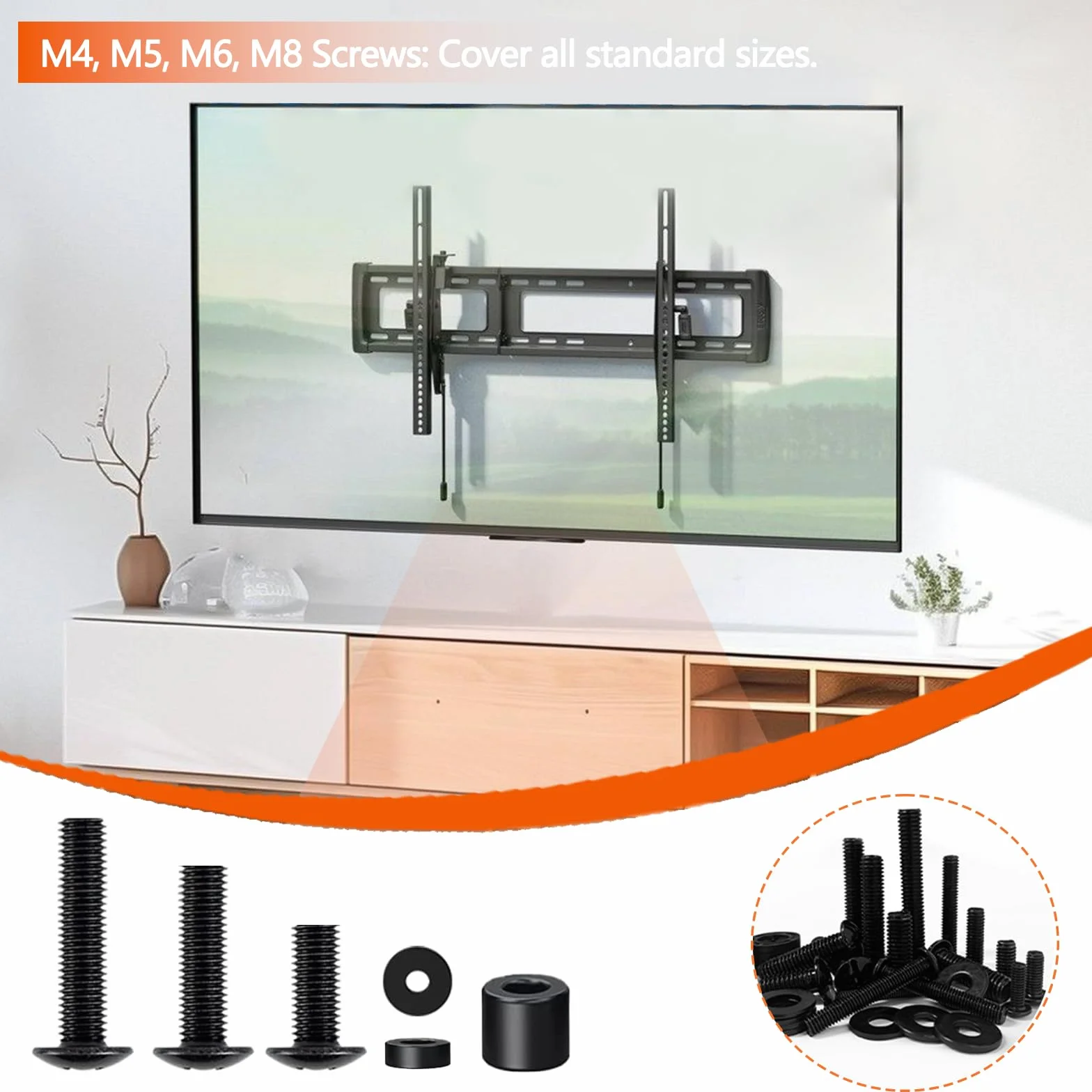 Kit Vis VESA/Montage TV (Noir/Fer) M4/M5/M6/M8+Rondelles/Entretoises.Compatible Supports Mural&TV-Standfüße,Vis de Remplacement Universel