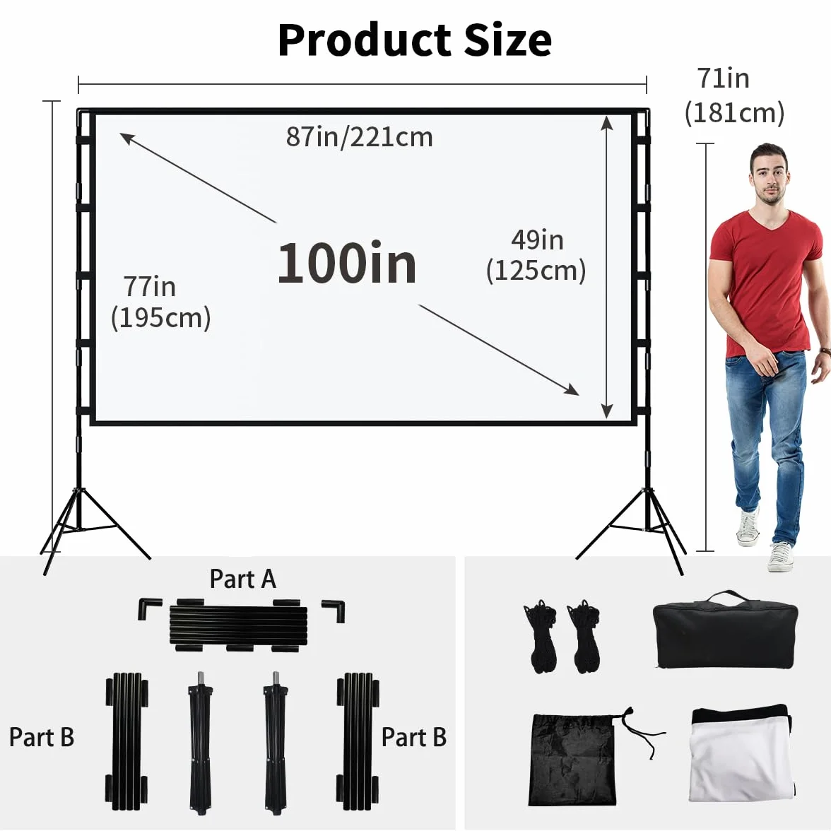 Towond Écran de Projection 100 Pouces 16:9 HD avec Support, Écran de Cinéma Extérieur Portatif