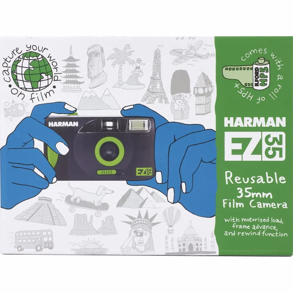 Appareil Photo argentique Compact 24x36 Harman EZ-35 Noir - Réutilisable + 1 Film N&B Ilford HP5 Plus 36poses