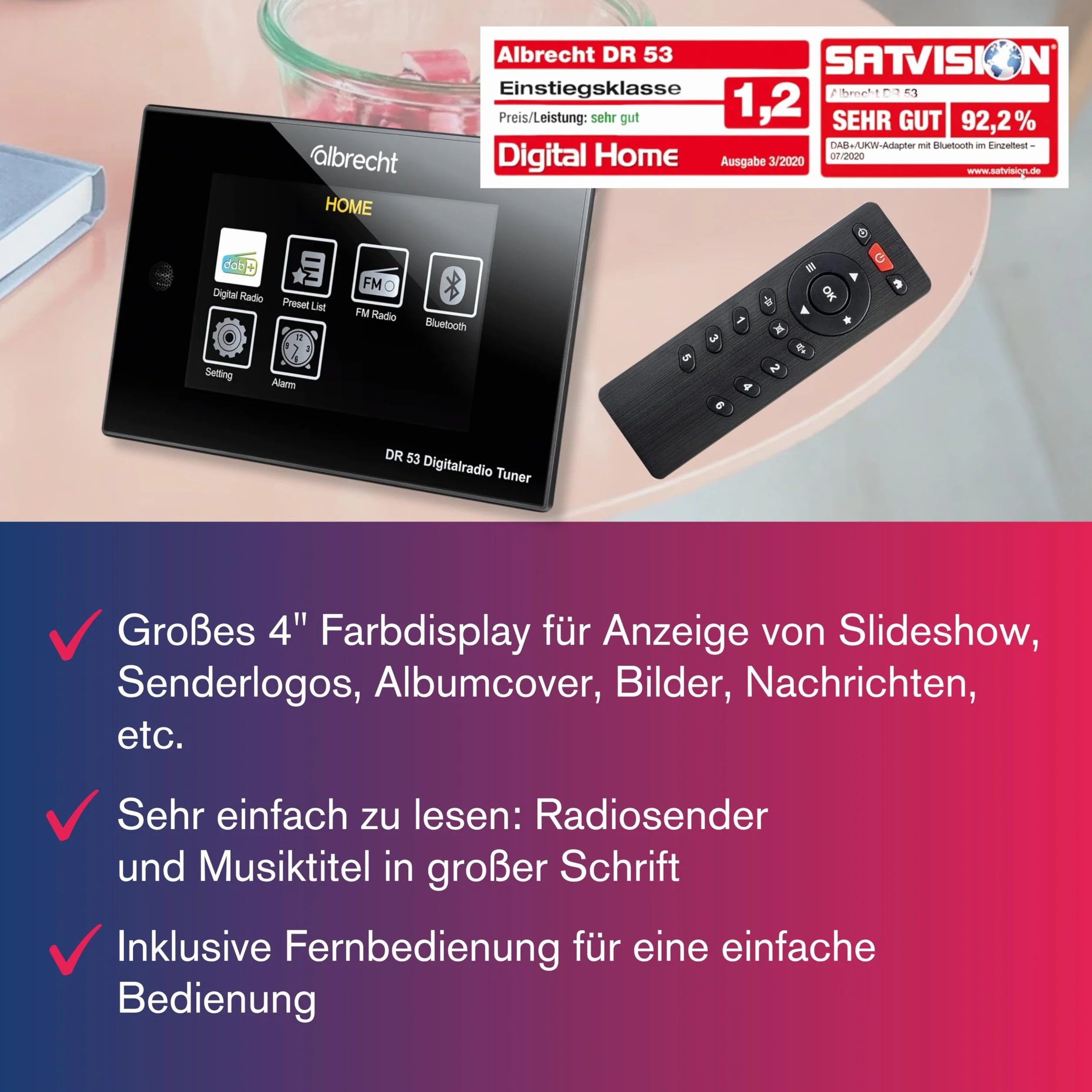 Albrecht DR53 27251 Tuner Radio numérique Dab+/FM avec écran Couleur 4" pour Connexion à la chaîne stéréo avec télécommande