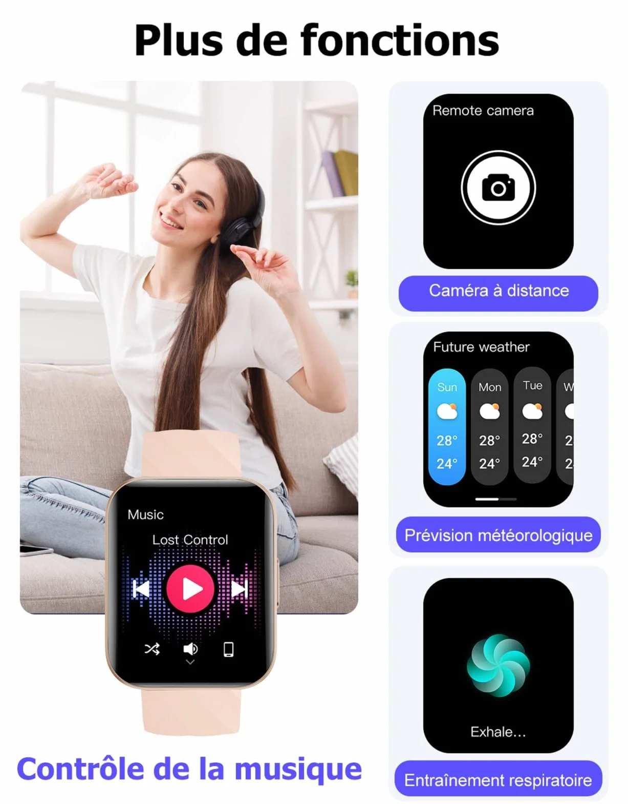 Montre Connectée Femme Appel Bluetooth Podometre Cardiofrequencemetre Oxymetre Montre Sport Etanche IP68 Cycle Menstruel Suivi Sommeil Calories Notification pour Samsung iPhone Xiaomi Android iOS Rose