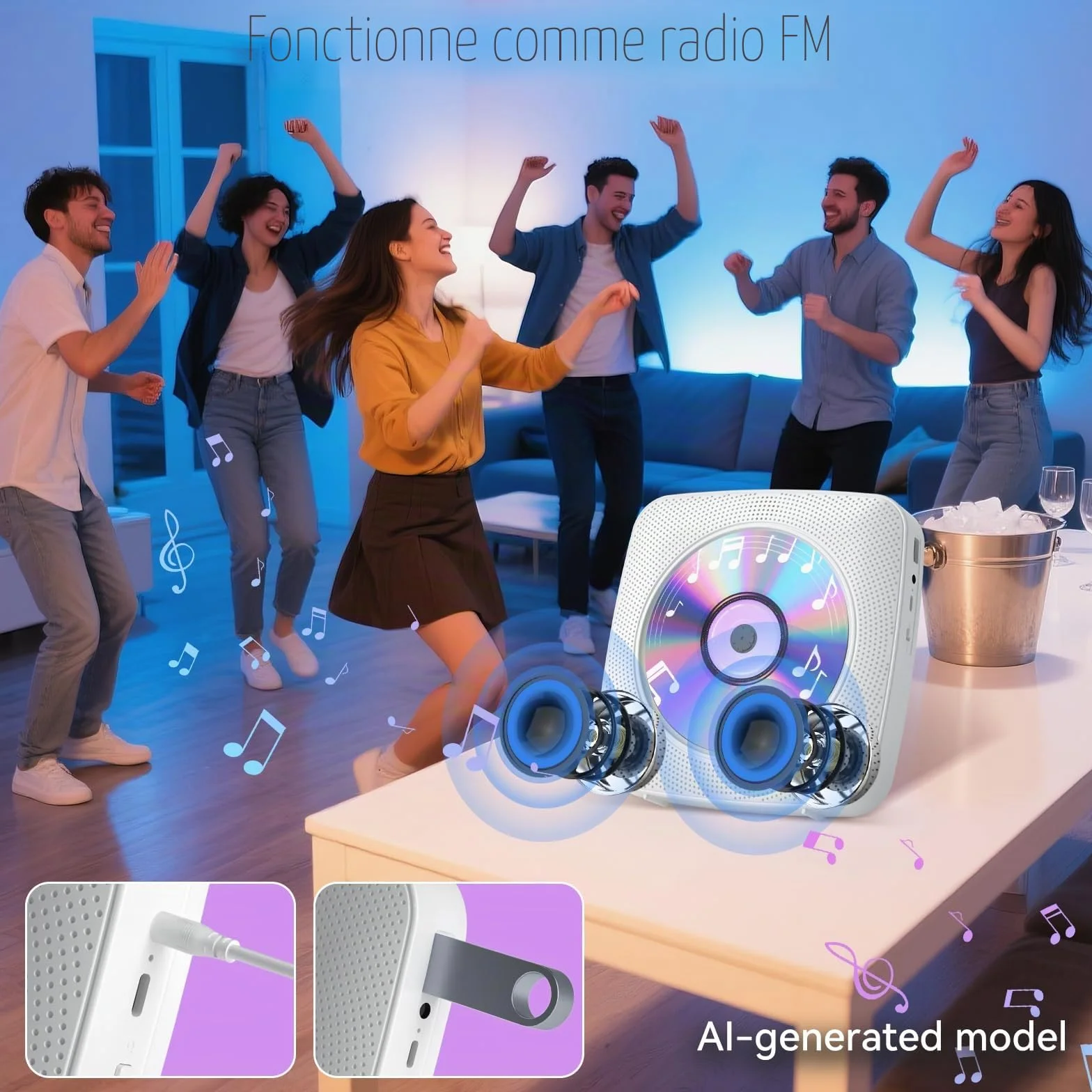 Gueray Lecteur CD Portable Bluetooth 1800mah Lecteur CD de Bureau pour la Maison Lecteurs CD avec Deux Haut - parleurs Télécommande Housse Anti-poussière Affichage Radio FM Minuterie USB Aux-Blanc