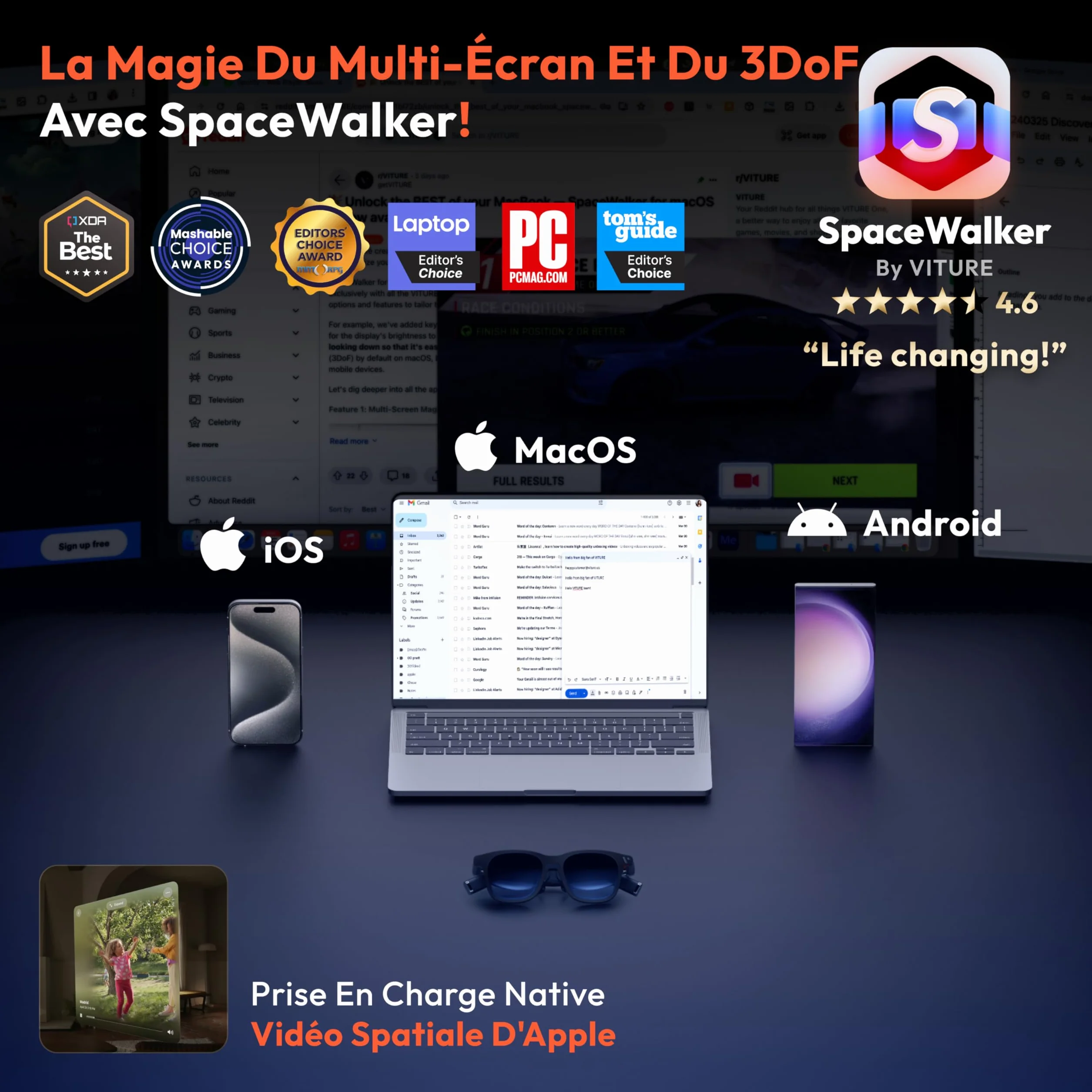 VITURE Lunettes AR Pro, écran 135” 120Hz, Audio Harman, Film électrochrome, Lunettes XR compatibles avec iPhone 17/16/15, Android, Mac, PC, Switch, Switch 2 - Occasion