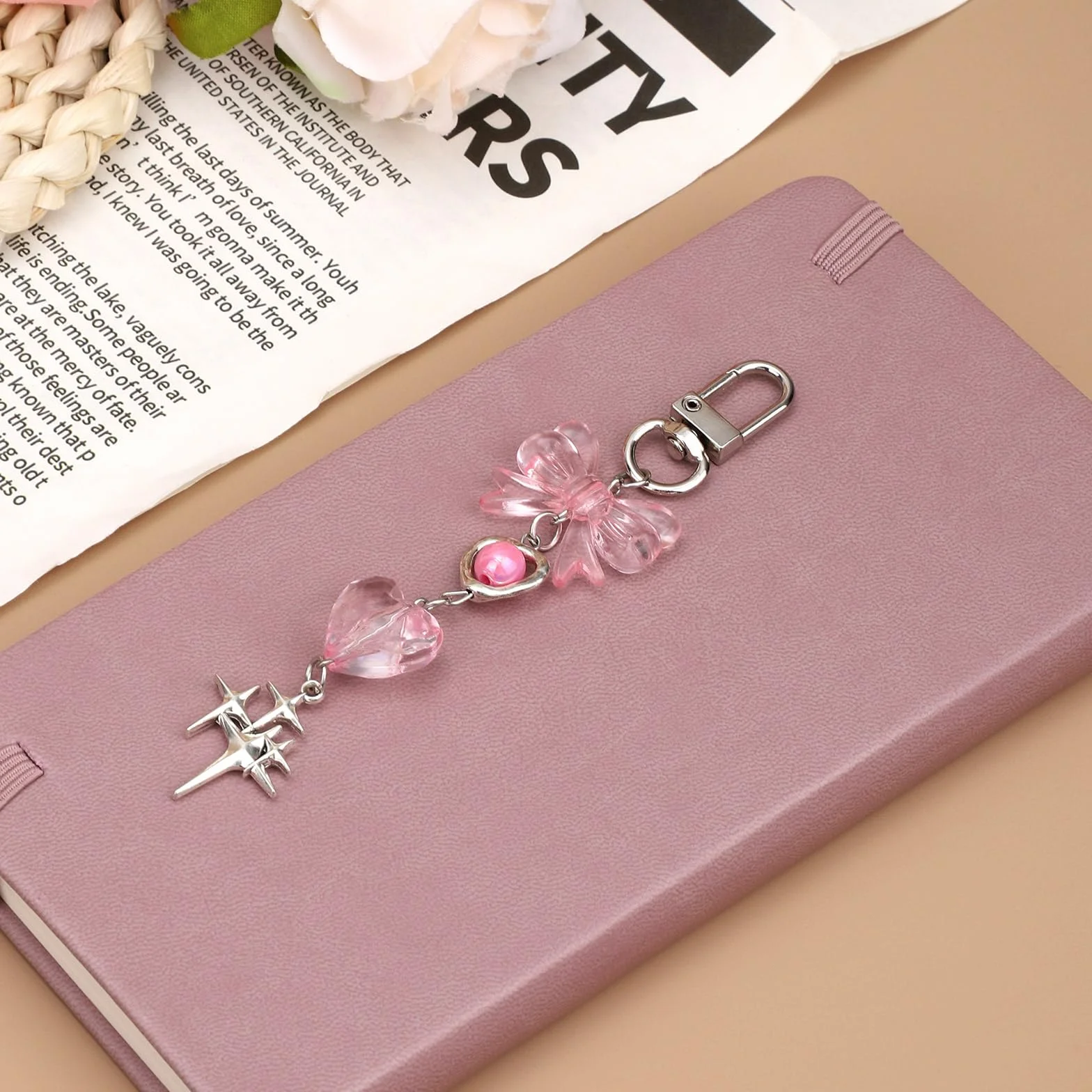 Chaîne de Charme pour Kindle, Délicate avec Nœud Cœur Étoile, Accessoire pour Étui de Téléphone Tablette Liseuse (Rose)