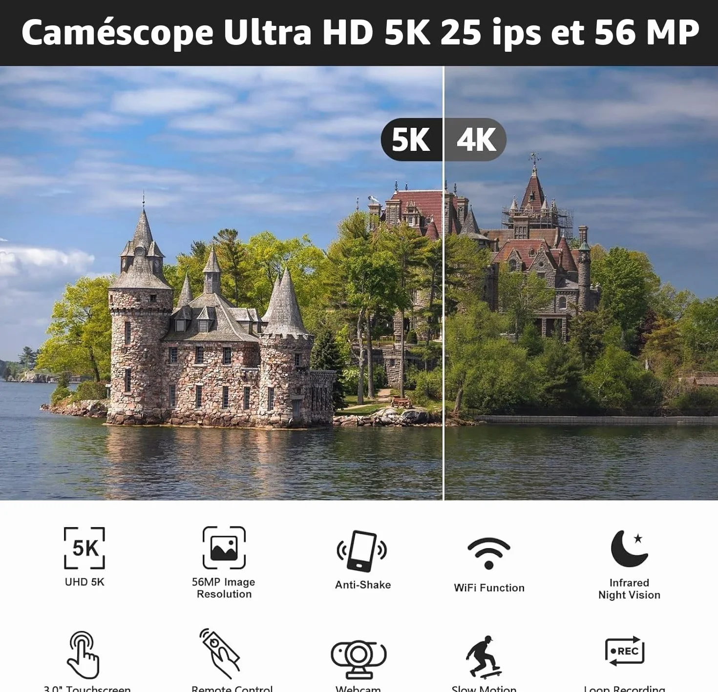 Caméra vidéo 5K 56MP WiFi Zoom 16X Écran tactile 3" IR Vision nocturne avec 2 piles, carte 64 Go, télécommande, microphone