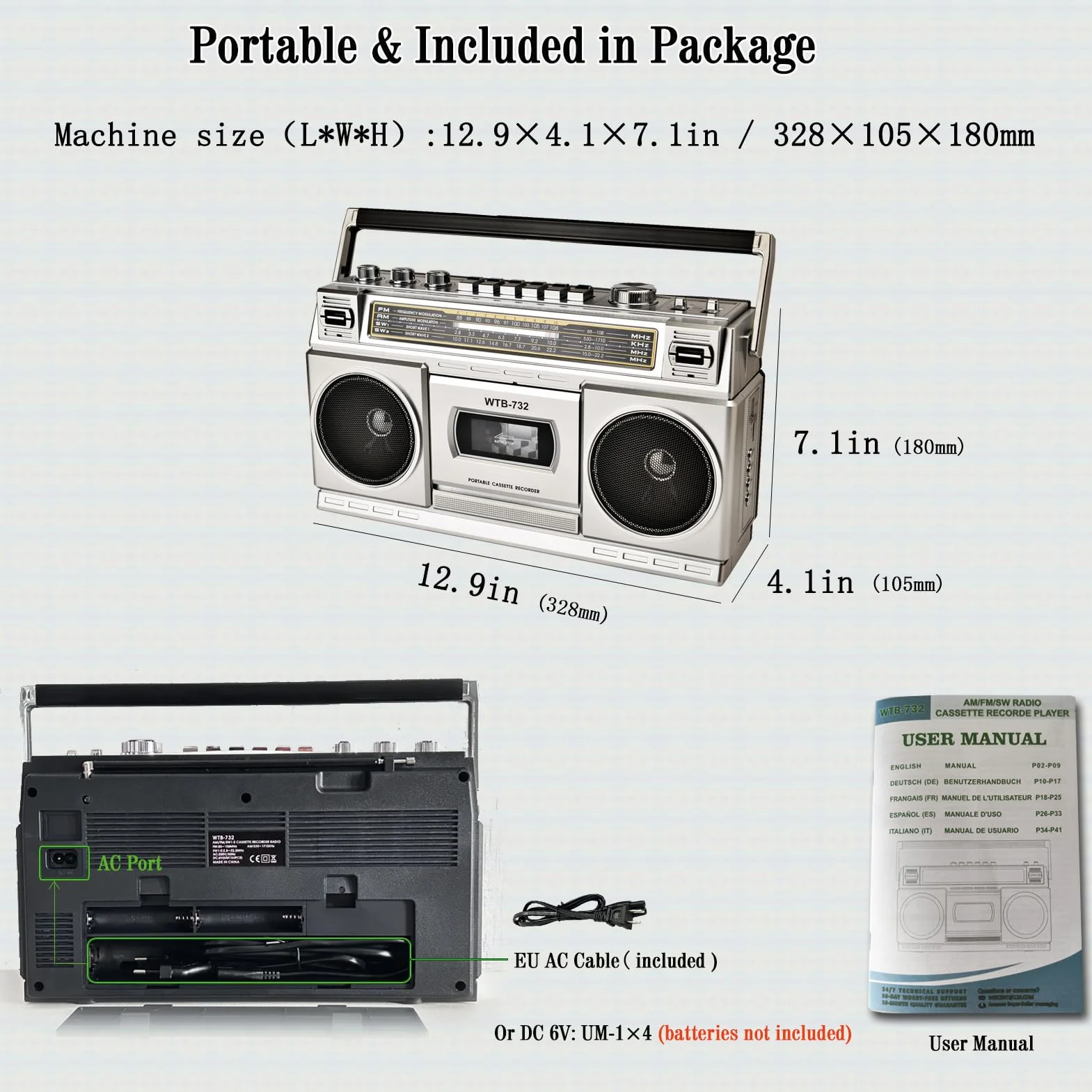 Boombox Rétro Années 80 Bluetooth Lecteur Cassette Radio AM/FM/OC 24W Portable USB Micro SD