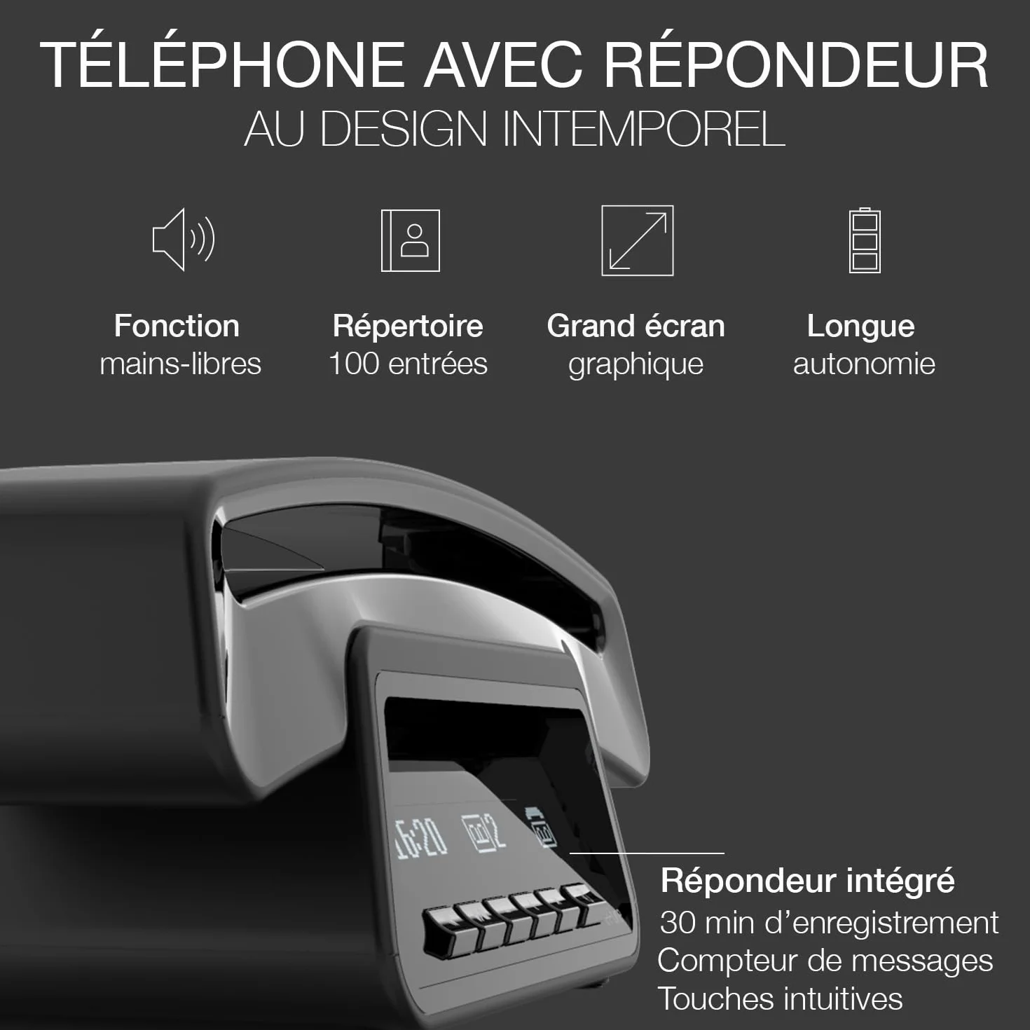 ALCATEL Epure Premium Téléphone Fixe sans Fil DECT avec Répondeur Design Vintage Noir