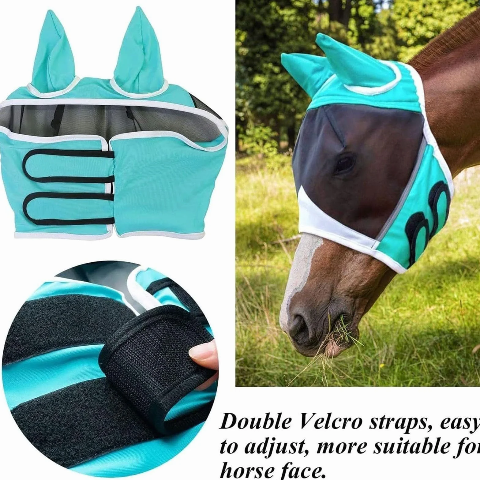 Masque anti-mouches cheval protection nasale UV, couvre-nez maille respirante poney cob shetland, fermeture velcro réglable