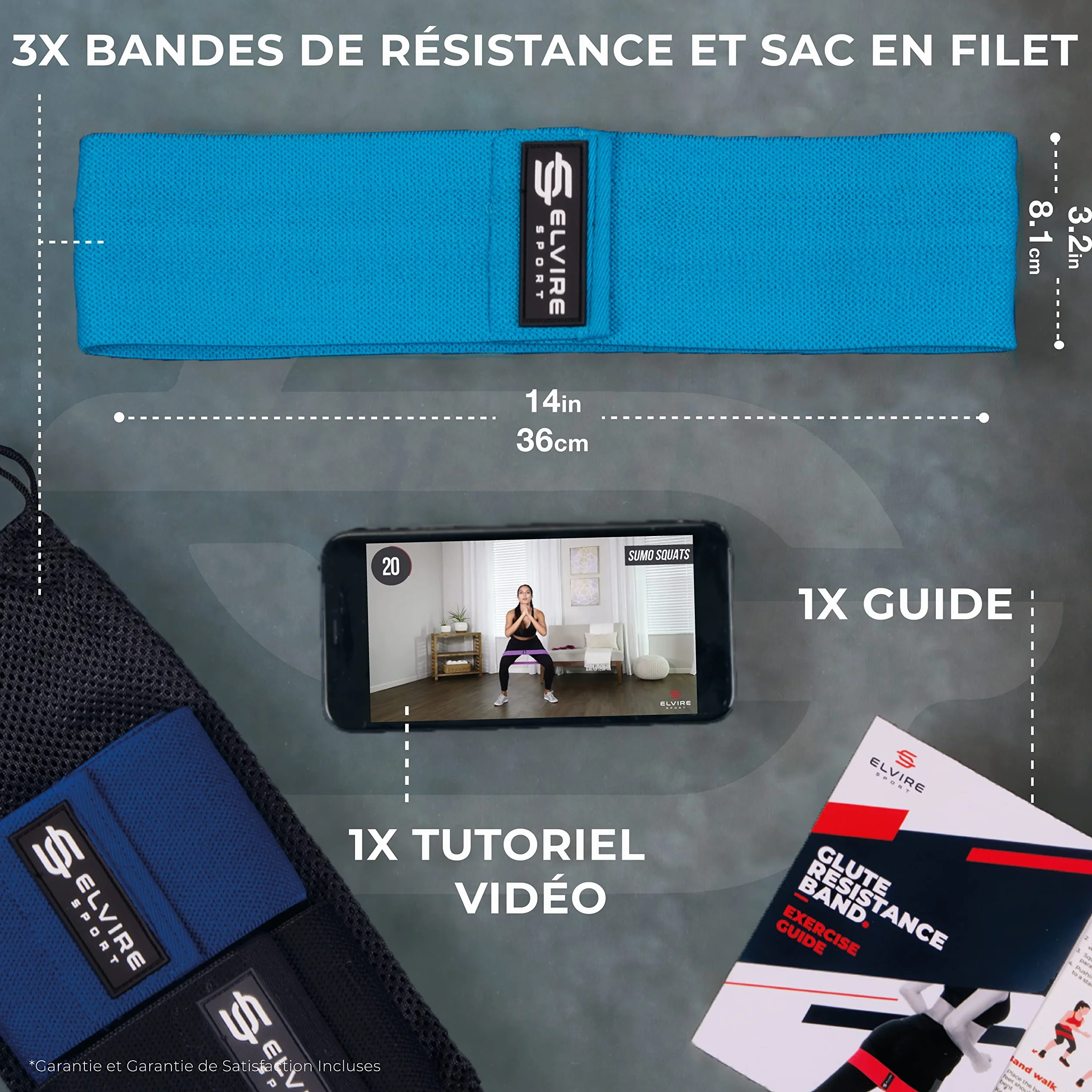 ELVIRE SPORT Bande Élastique Musculation Femme et Homme, Lot de 3, Résistance Fitness en Tissu Yoga Pilates Crossfit