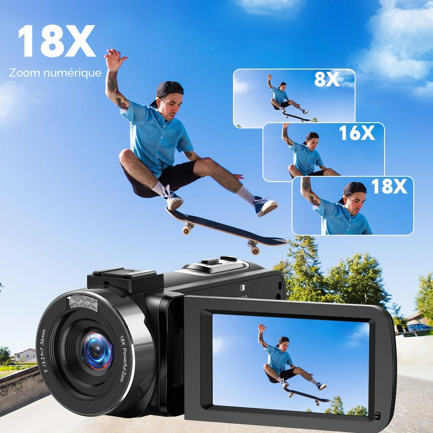 Caméscope 4K 42MP avec Zoom 18x Écran Rotatif 3 Pouces 270° Lumière LED Fonction Webcam 2 Batteries Carte SD 32GB Télécommande