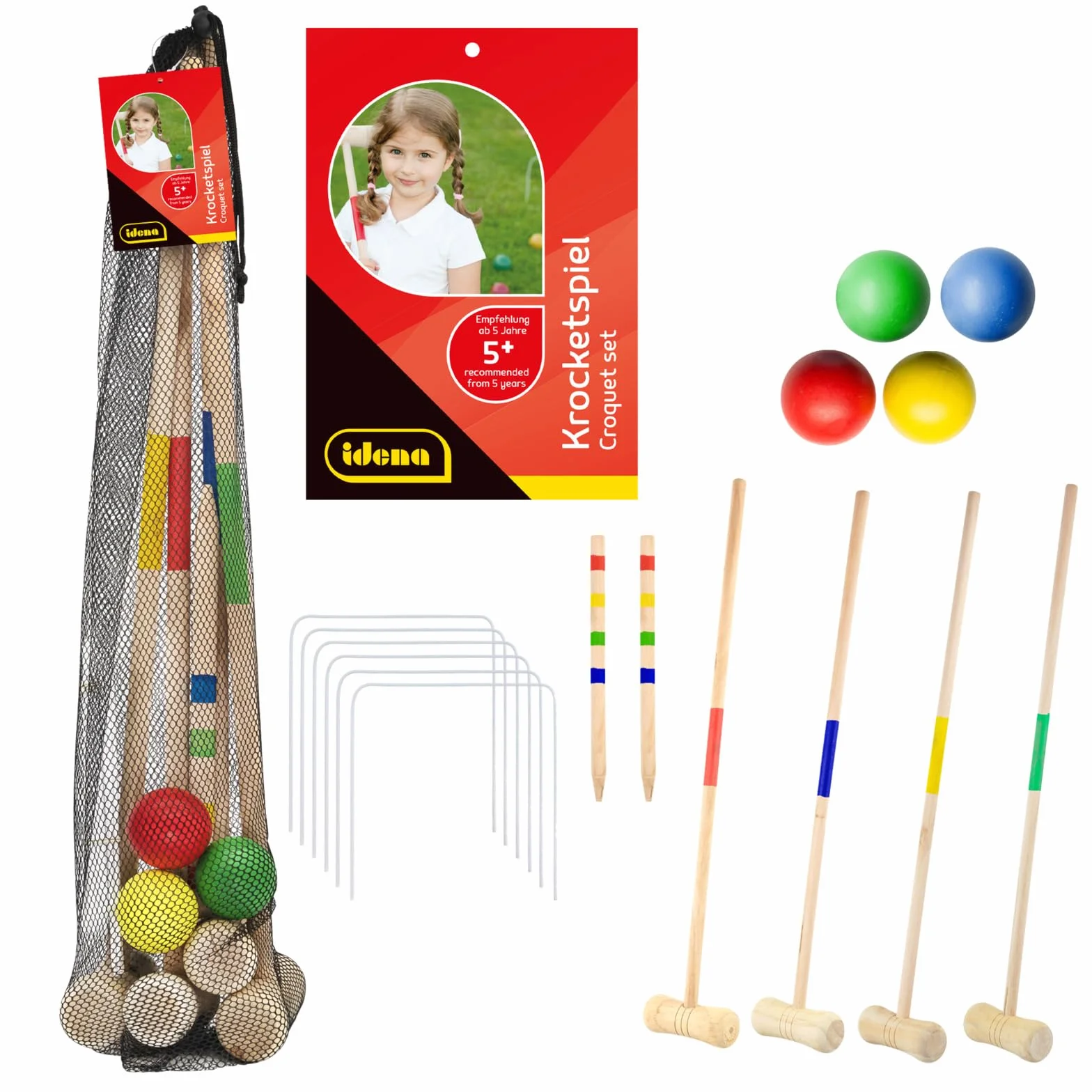 Idena Jeu de Croquet en Bois avec Maillets, Boules, Buts en Métal et Filet de Transport