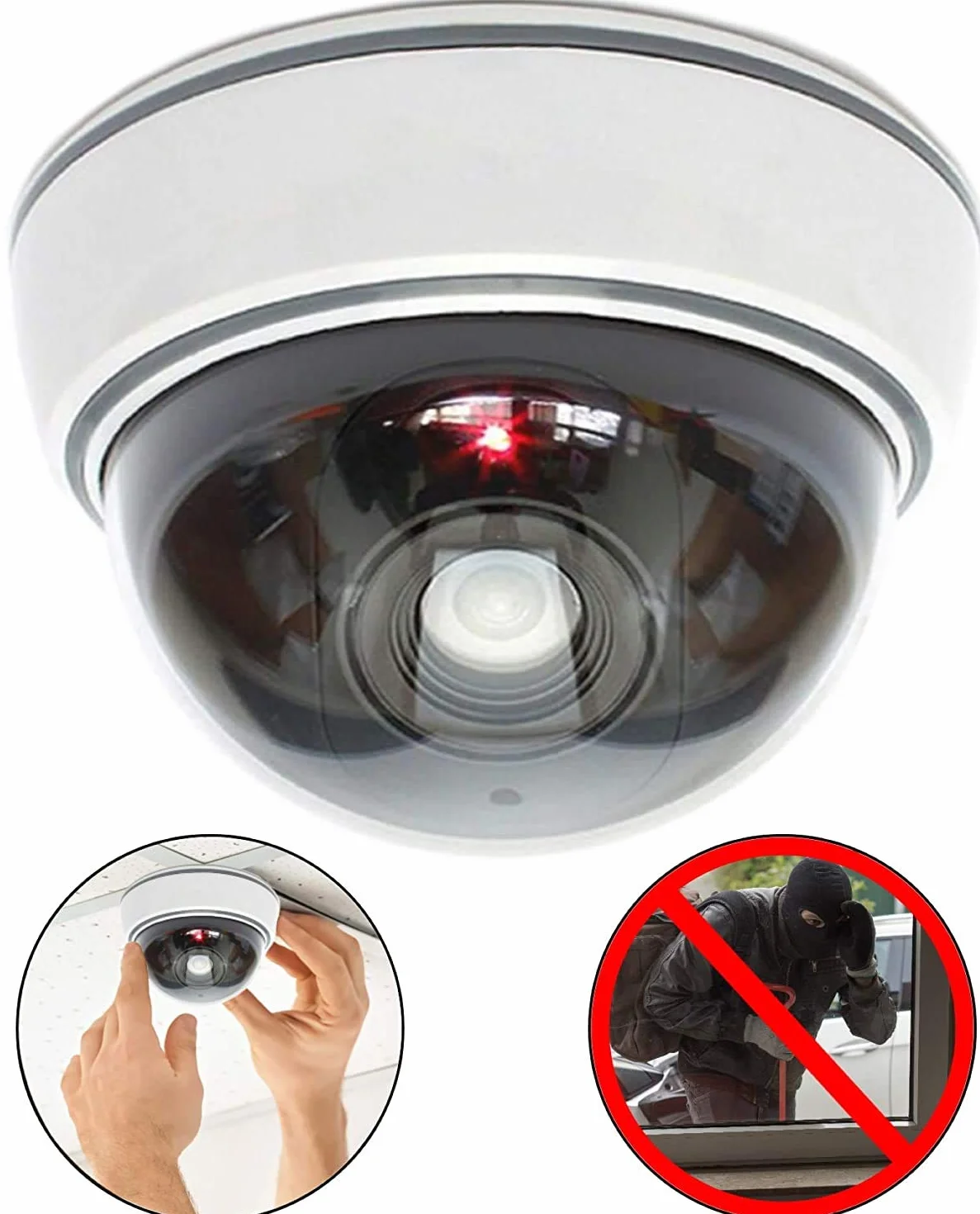 Caméra factice avec objectif, lumière LED rouge, vidéosurveillance, imitation réaliste, pour mur, plafond, blanche