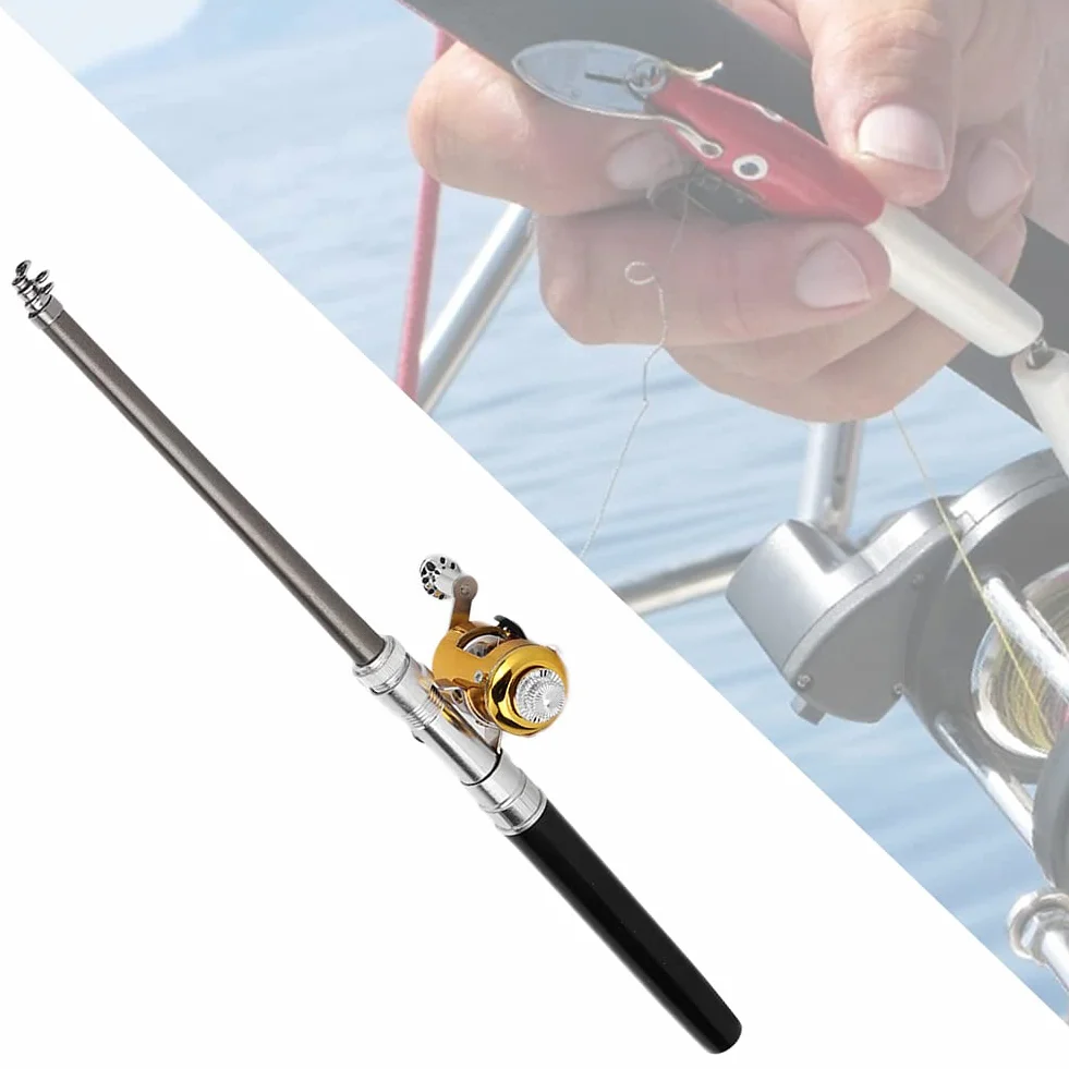 Canne à pêche Stylo Pliable Télescopique Portable + Moulinet Combo Set Alliage d'aluminium Noir