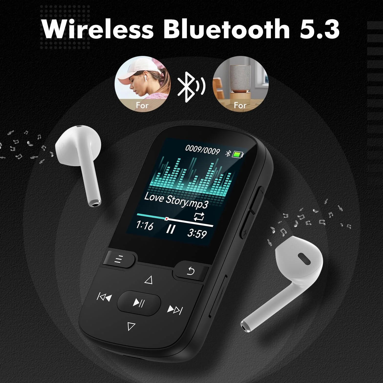 Lecteur MP3 Bluetooth 5.3 64 Go avec Clip, Radio FM, HiFi Portable, Noir