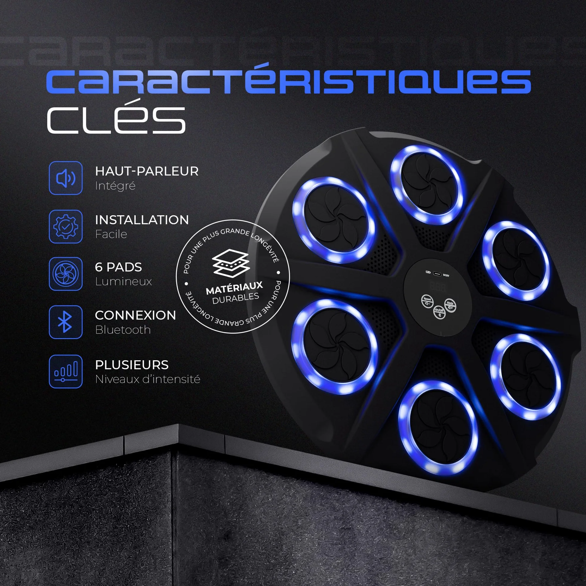 EZERO Machine Beatpunch Boxe Adulte Bluetooth LED Entraînement interactif Boxe Mural Musique Améliore Réflexes Endurance Set Complet