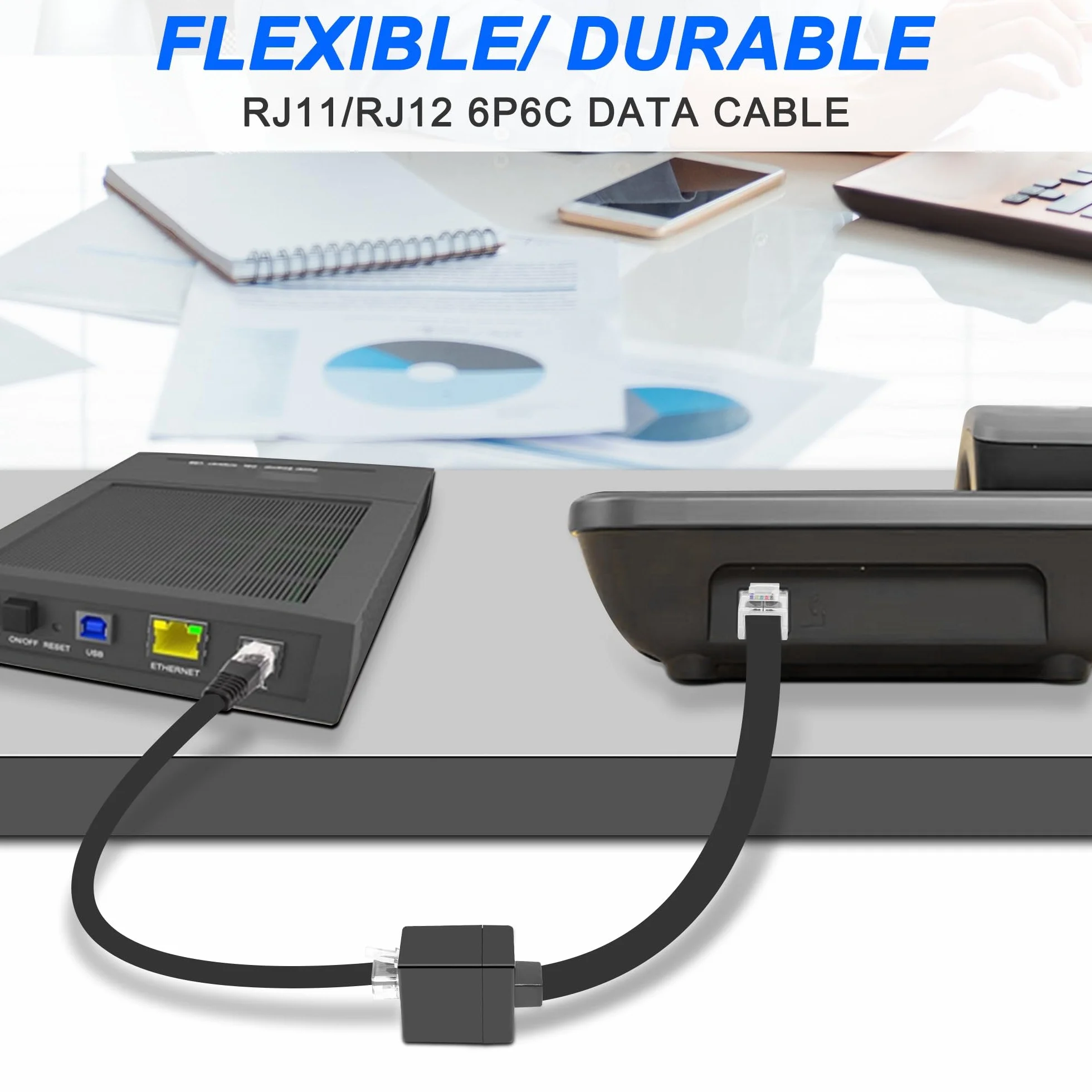 MEIRIYFA Lot de 2 câbles d'extension RJ12 6P6C femelle vers mâle RJ11/RJ12 Cat3 pour combiné téléphonique 30 cm