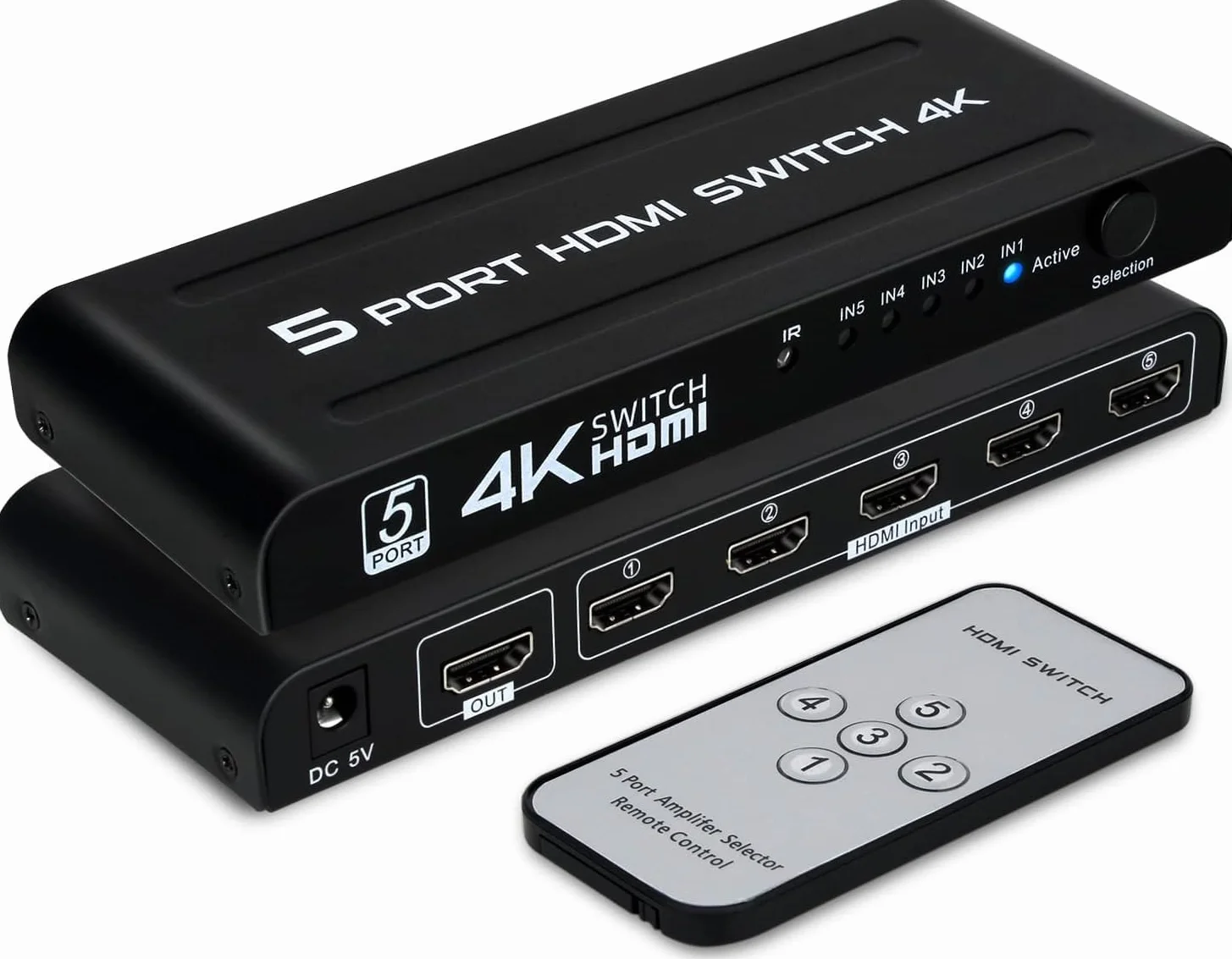 TCNEWCL 4K Switch HDMI 5 entrées 1 Sortie, 5x1 Commutateur 5 Ports avec Télécommande Prise en Charge 4K UHD 3D, Multiprise pour TV DVD PS4 Xbox Lecteur Blu-Ray