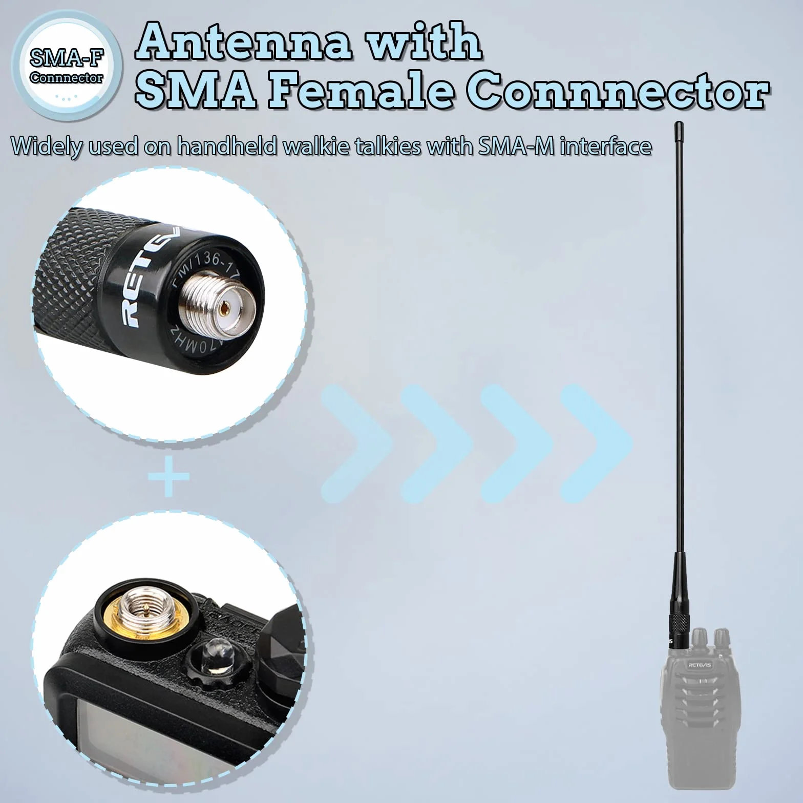 Retevis RHD771 Antenne SMA-F Double Bande 144/430MHz VHF/UHF Talkie Walkie Antenne, Compatible avec Baofeng UV-5R UV-5RM GT-5R Retevis RT5R RA79 RT86S, Qansheng UVK5 (1 Pcs)