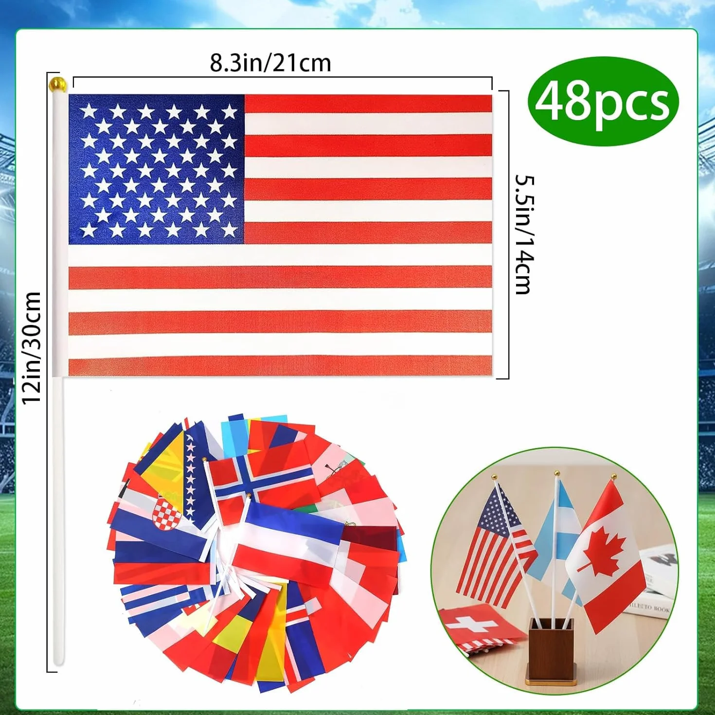 Drapeaux Coupe du Monde Football 2026, Mini Drapeaux 48 Pays, 14x21cm, avec Bâtons