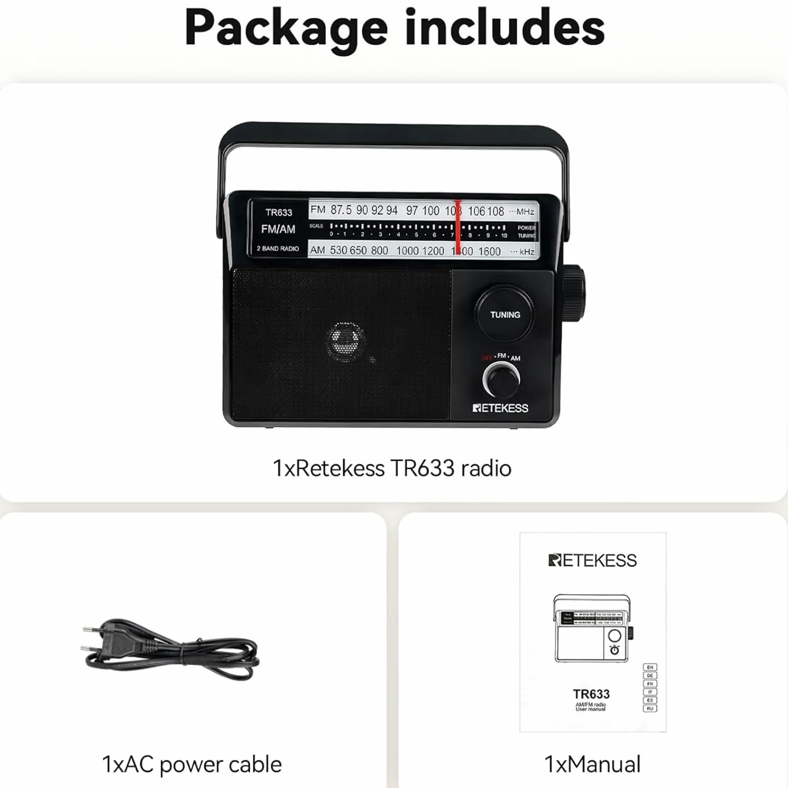 Retekess TR633 Radio Portable, Poste Radio, AM FM, Excellente Réception, Gros Boutons, Secteur ou Piles, Prise Casque 3,5 mm, Adapté aux Personnes âgées, Cuisine, Chambre