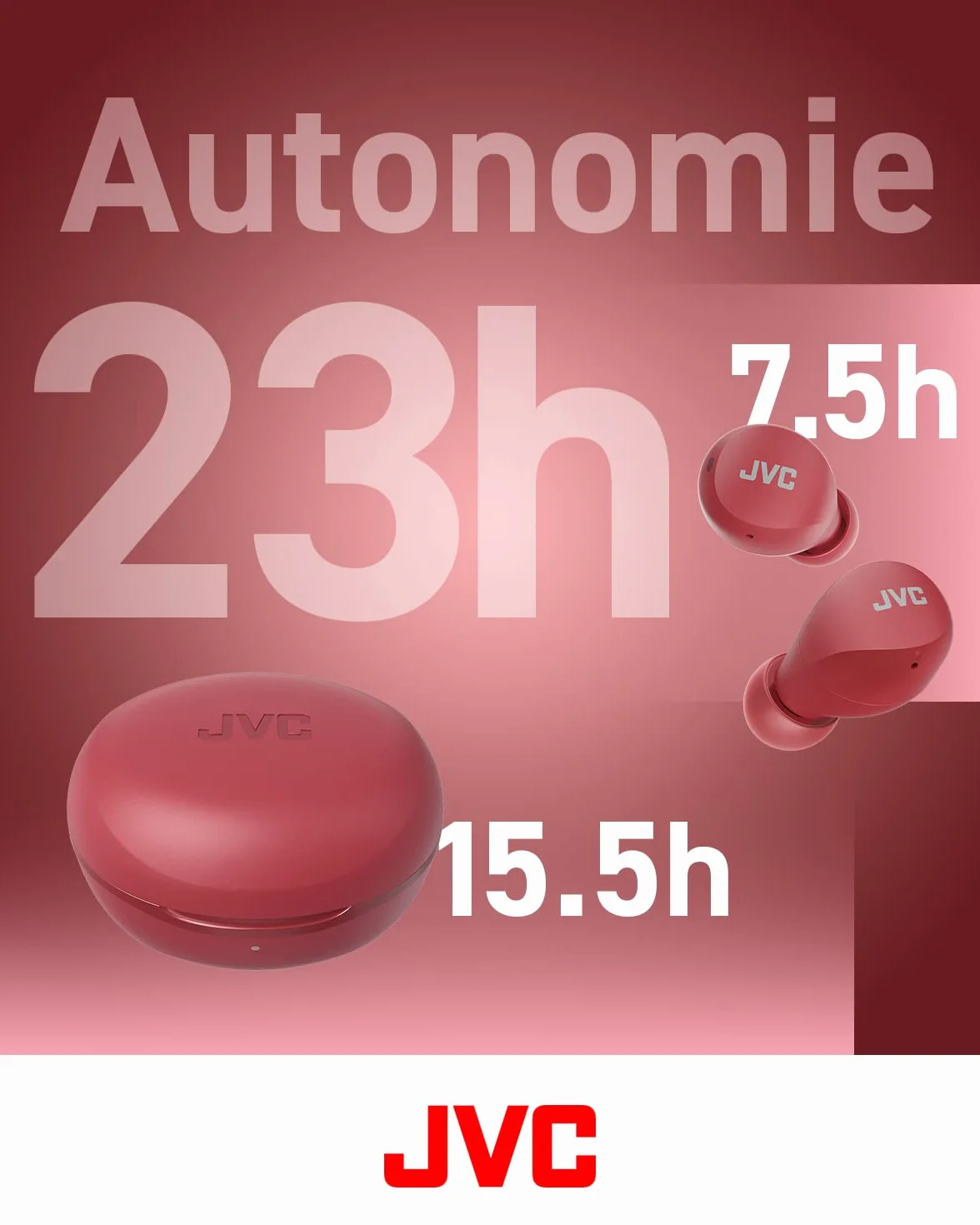 JVC Mini casque sans fil Gumy - Casque Bluetooth (5.1) petit et léger, avec 3 modes audio, résistance à l'eau (IPX4) et batterie 23 heures. Écouteurs pour le sport et la maison - HA-Z66T-R