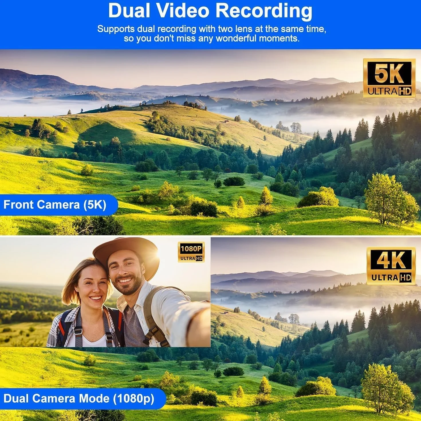 Caméra Vidéo 5K WiFi 56MP Double Objectif 16X Zoom Numérique IR Vision Nocturne 3" Écran Tactile avec 2 Piles et Carte 64 Go
