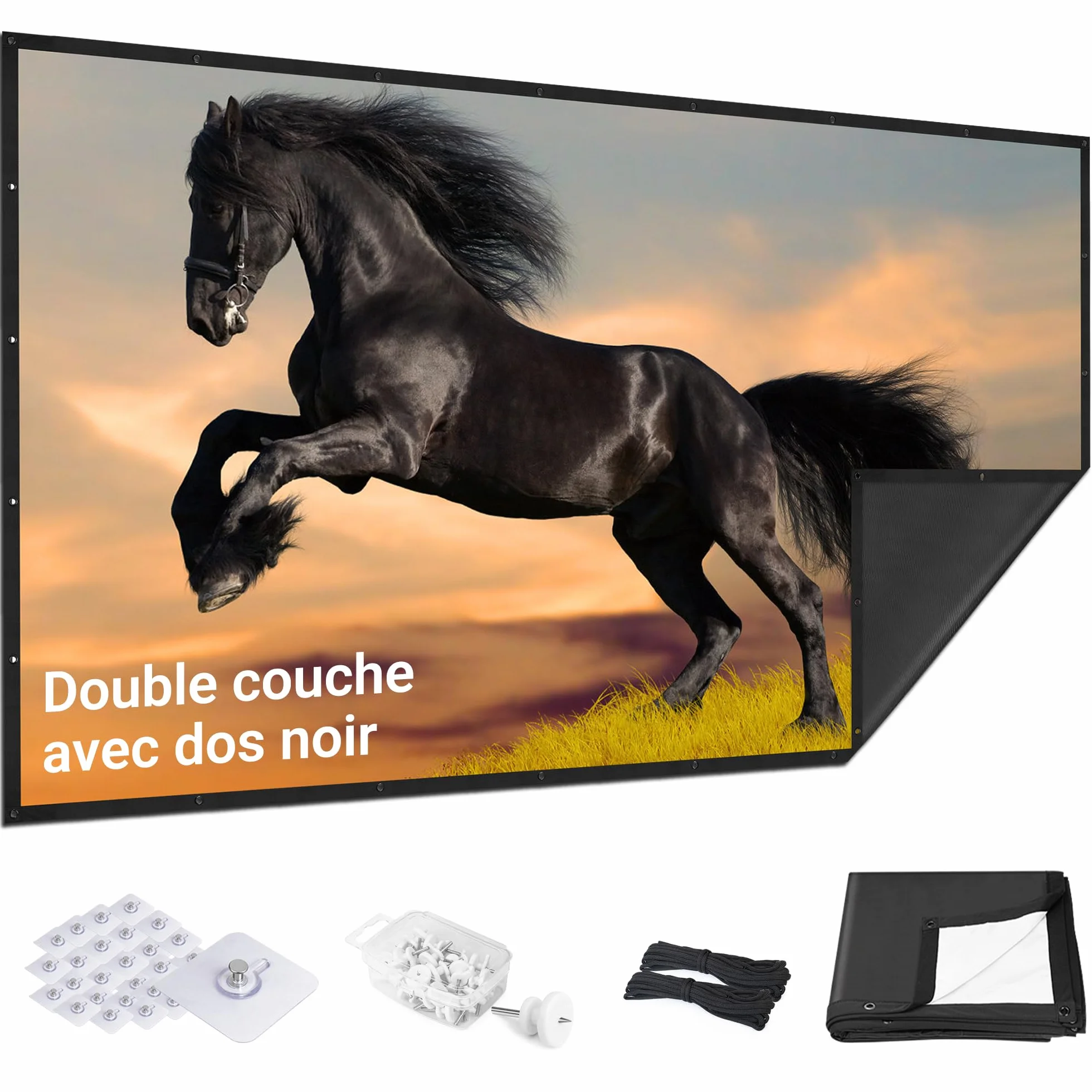 IOLIEO Écran de Projection 100 Pouces 16:9 Dos Noir Pliable Lavable Anti-Pli