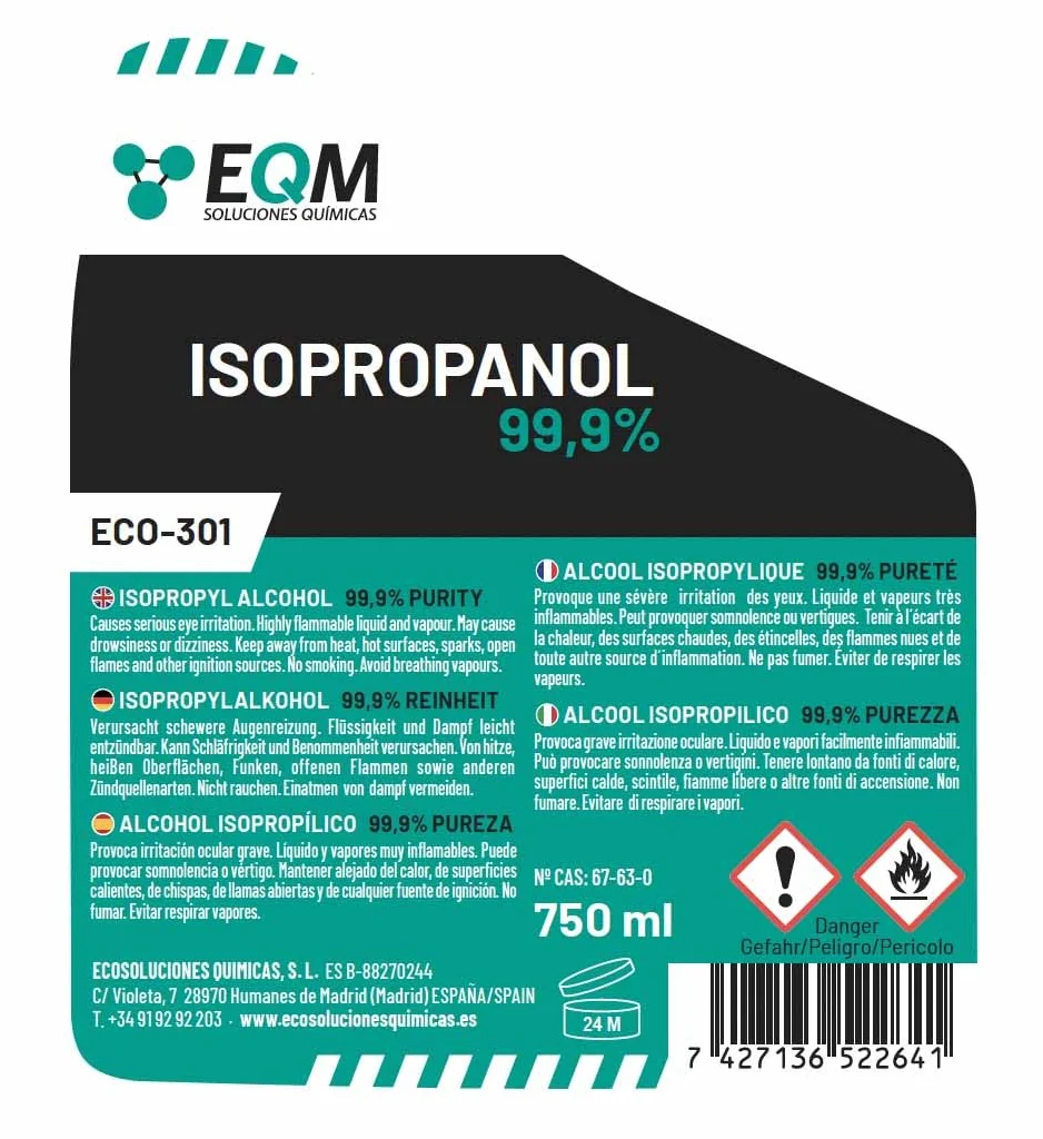 EQM - ECO-301 - Alcool Isopropylique Pur 99,9% - 750 ML - Nettoyage de Composants Électroniques, Objectifs, Écrans et Résines d’Impression 3D