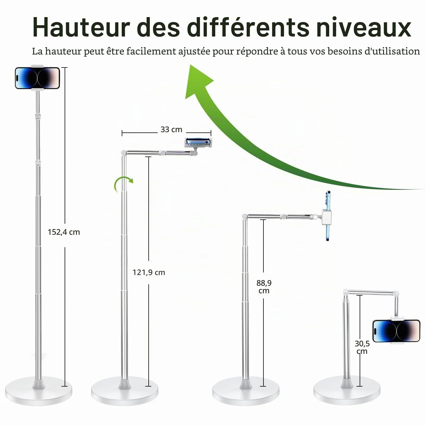 Support de téléphone au sol, bras de chevet réglable, support de téléphone pour enregistrer des prises de vue aériennes, support de téléphone en aluminium rotatif à 360°, compatible avec iPhone