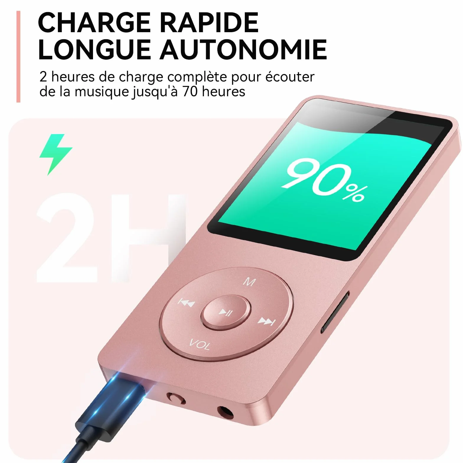 AGPTEK Lecteur MP3 Classique 64Go, Autonomie 70 Heures, Léger 30g, Hi-Fi, Baladeur Sport Enfant Adulte, Carte TF 128G - Rose
