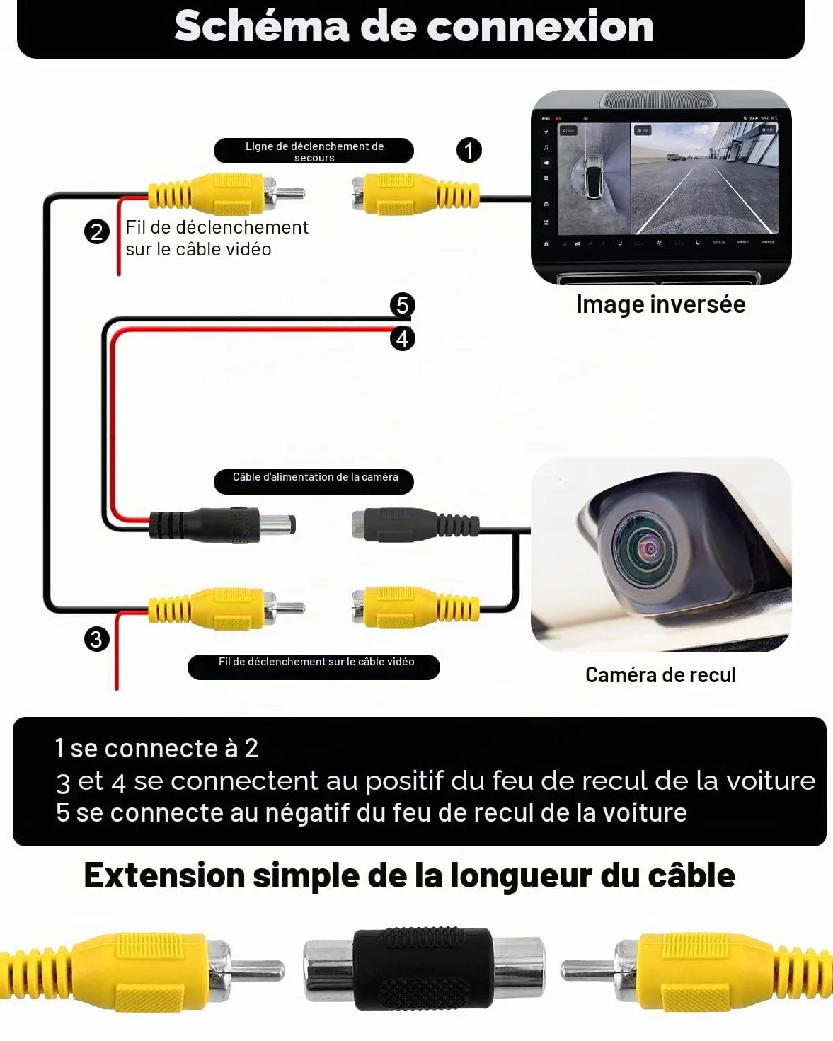6M Cable Camera de Recul Double Blindage Amélioré pour Connecter Un Moniteur et Caméra de Recul, Vidéo Cable Rallonge Male Male avec 1 Adaptateur RCA Femelle Femelle et 1M d'alimentation DC Extension