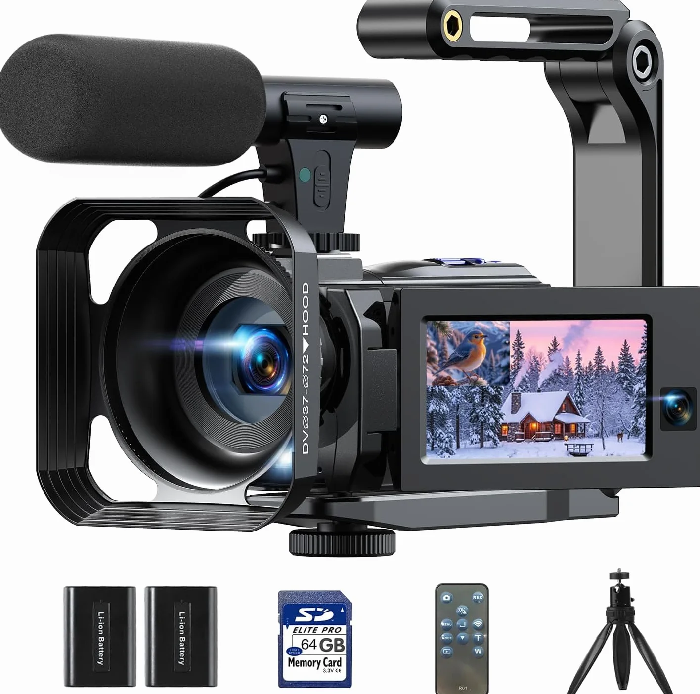 Caméra Vidéo 5K WiFi 56MP Double Objectif 16X Zoom Numérique IR Vision Nocturne 3" Écran Tactile avec 2 Piles et Carte 64 Go