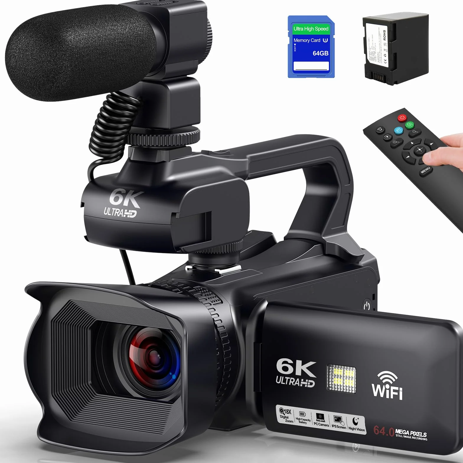 Caméscope 6K 64MP WiFi Vision Nocturne Infrarouge 18X Zoom Numérique avec Pile 4500mAh, Carte SD 64 Go