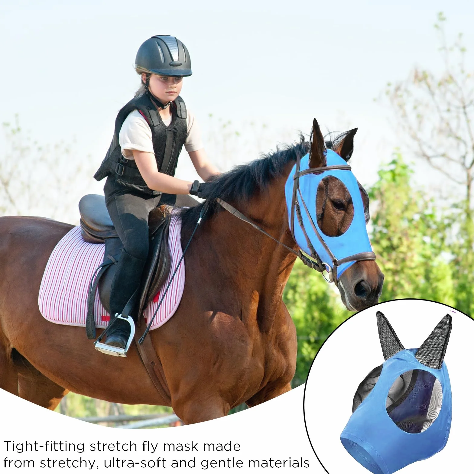Masque Anti Mouche Cheval Protection UV élastique (Bleu)